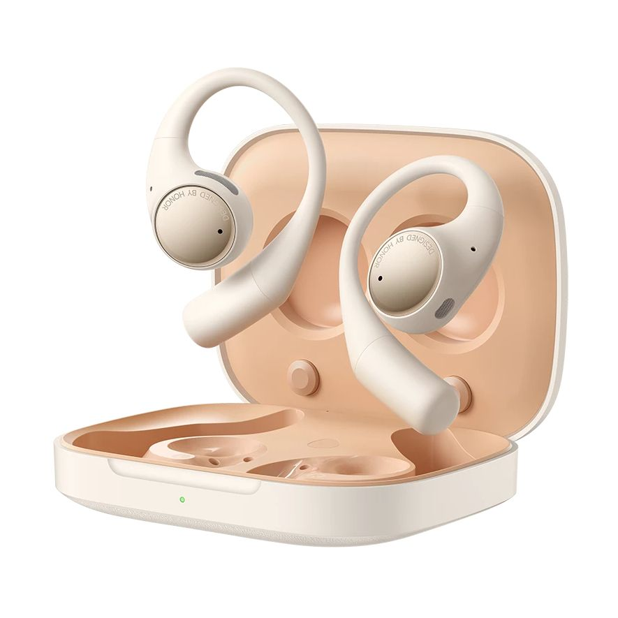 Auricolari wireless color crema con ganci per le orecchie in una custodia di ricarica.