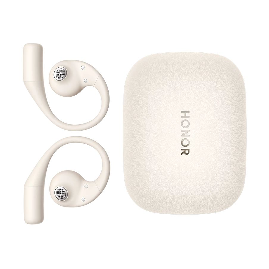Auricolari wireless open-ear beige con custodia di ricarica abbinata con marchio Honor su sfondo bianco.