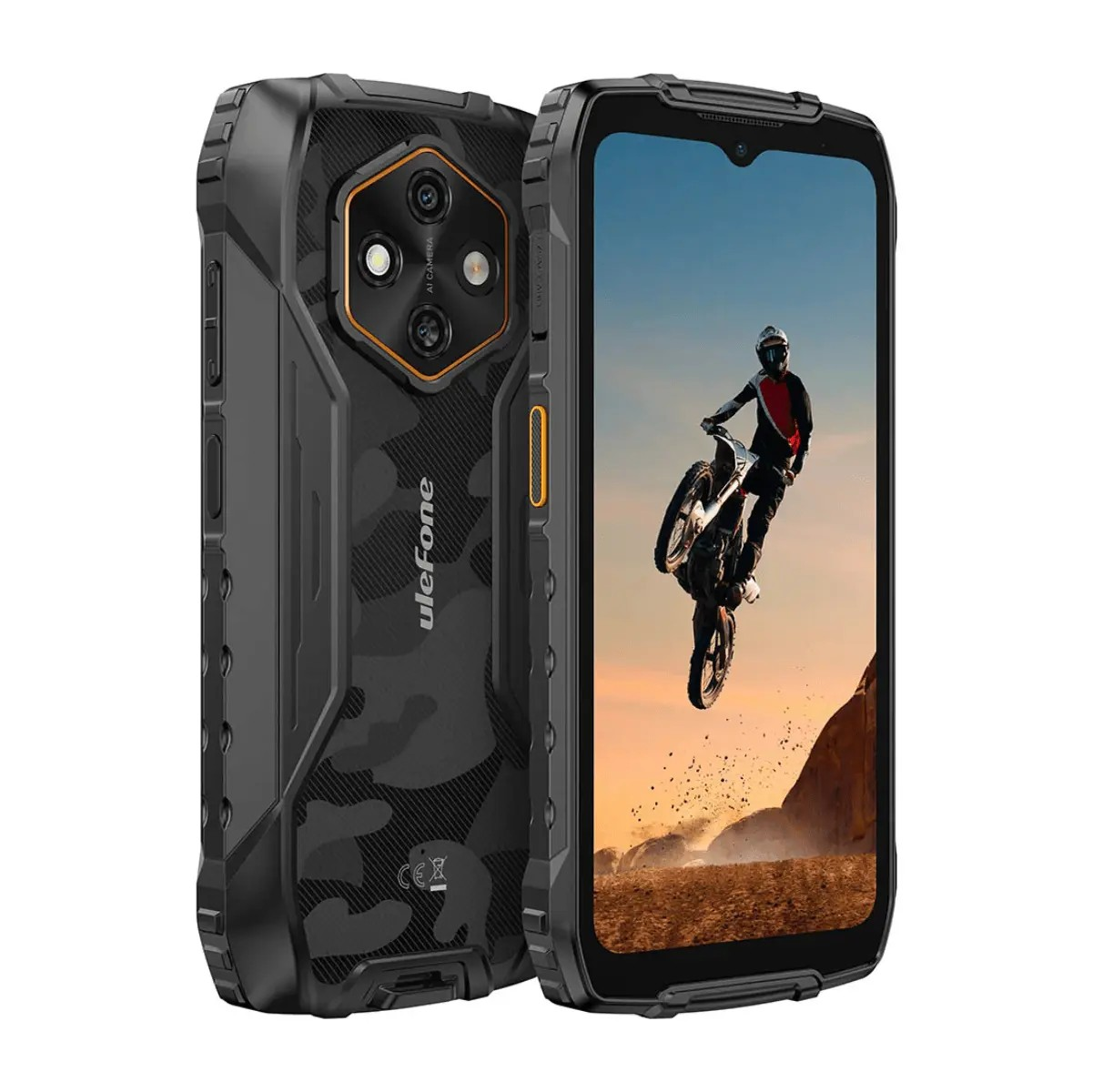 Dwa wytrzymałe czarne smartfony Ulefone, pokazujące przód i tył z tapetą motocrossową.