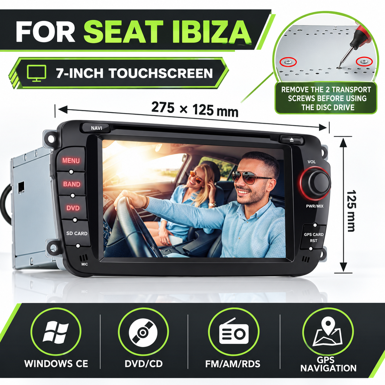 Radio de coche para Seat Ibiza con pantalla táctil de 7 pulgadas, dimensiones e iconos de funciones como GPS, DVD y Windows CE.