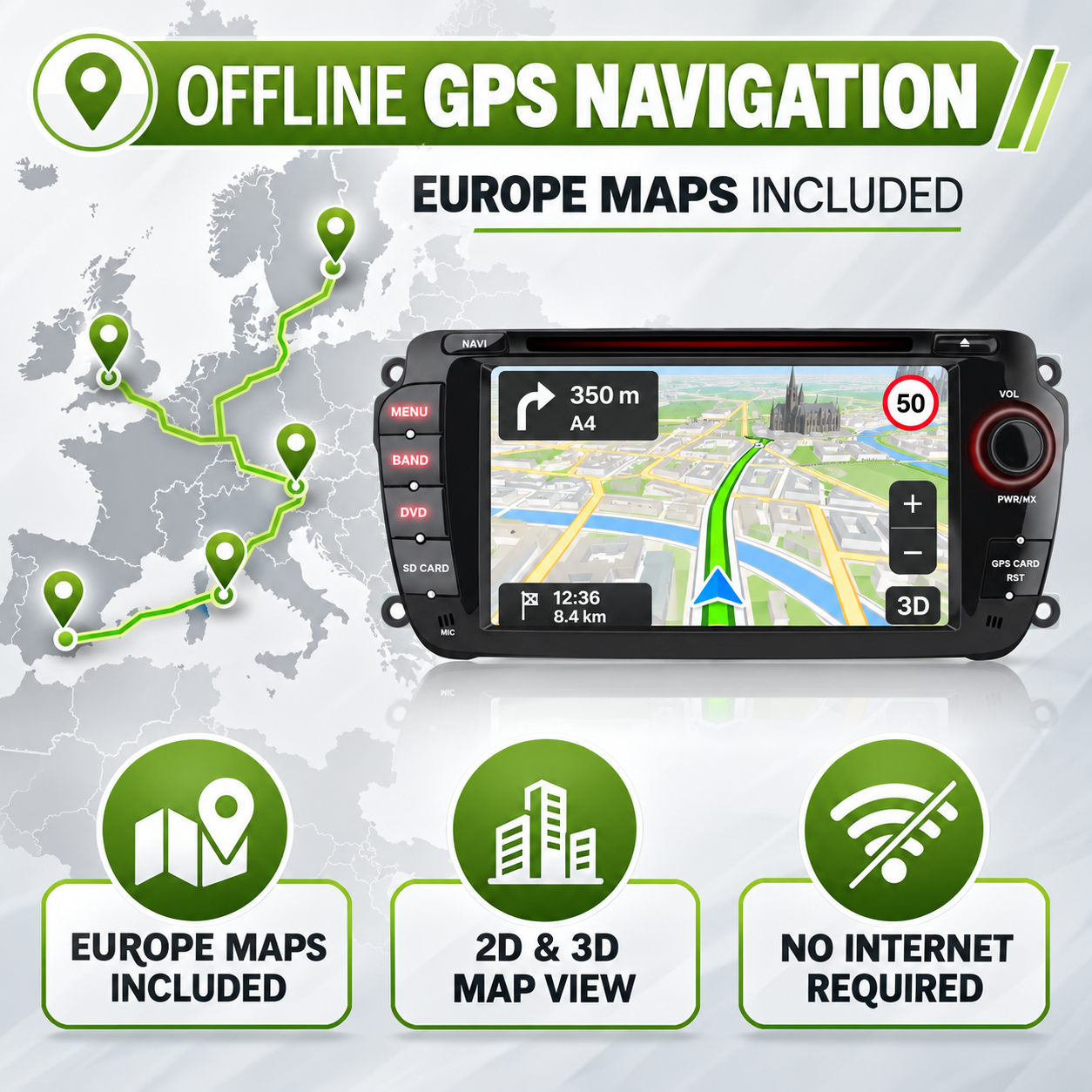 Dispositivo de navegación GPS para coche que muestra un mapa de Europa.
