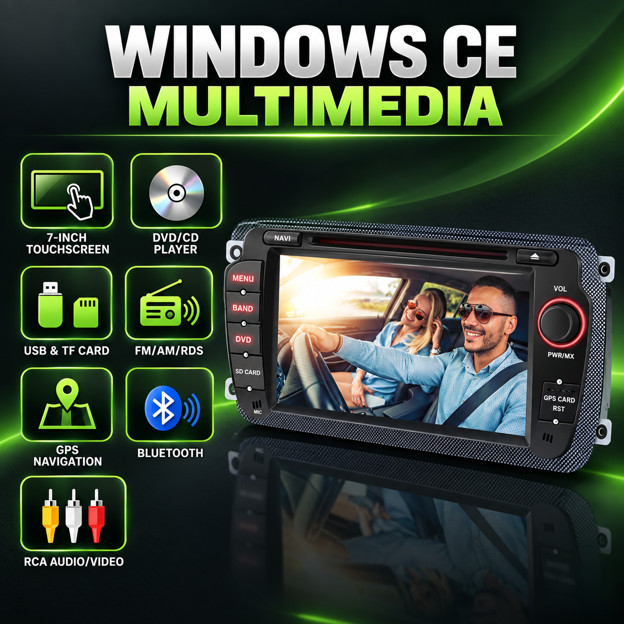 Estéreo para auto Windows CE con pantalla táctil e iconos sobre fondo verde.