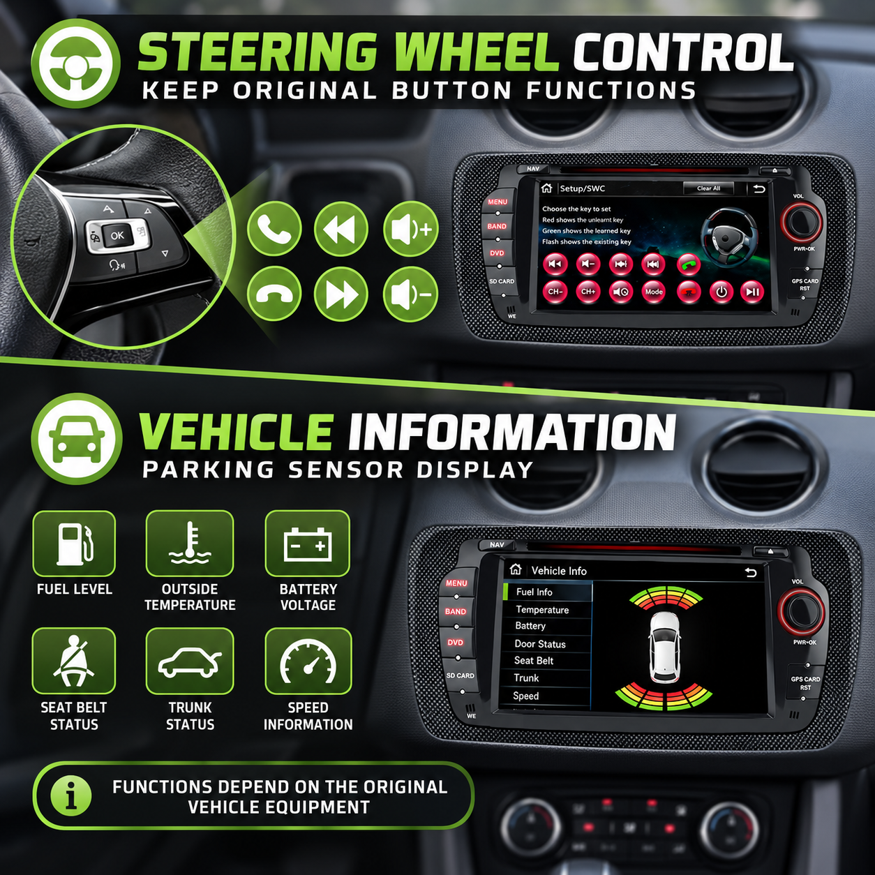 Sistema de infoentretenimiento de automóvil con control de volante e información de sensores.