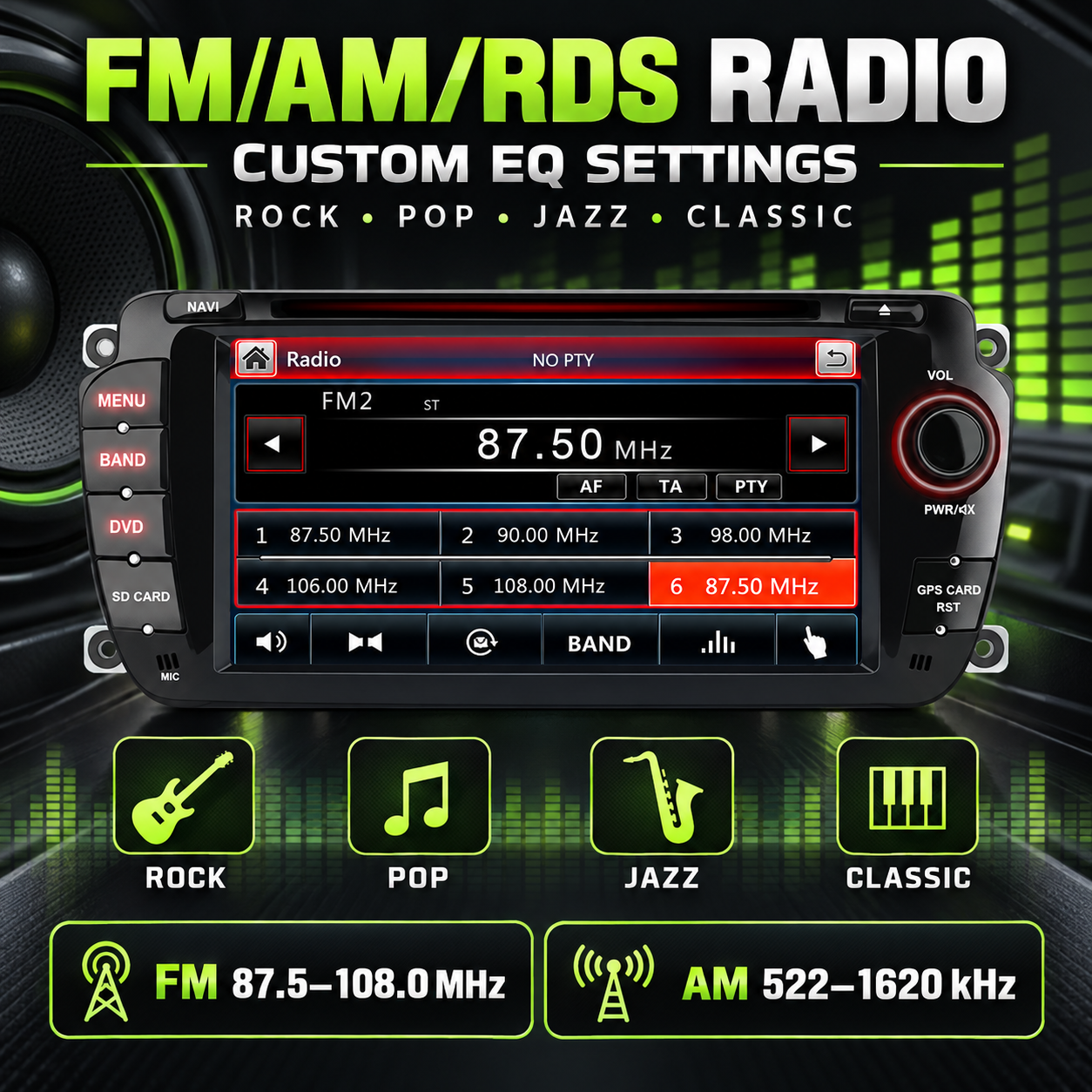 Radio de coche con pantalla táctil, ajustes de ecualizador para Rock, Pop, Jazz y Classic, y frecuencias FM/AM.