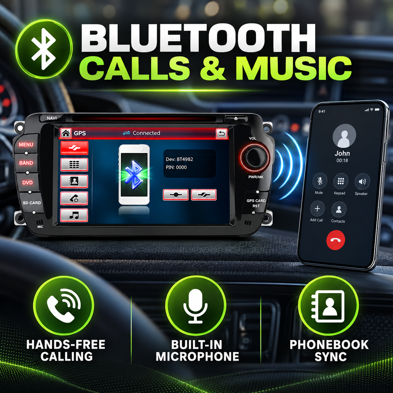 Autoradio conectado a un smartphone por Bluetooth, mostrando llamadas manos libres, micrófono y sincronización.