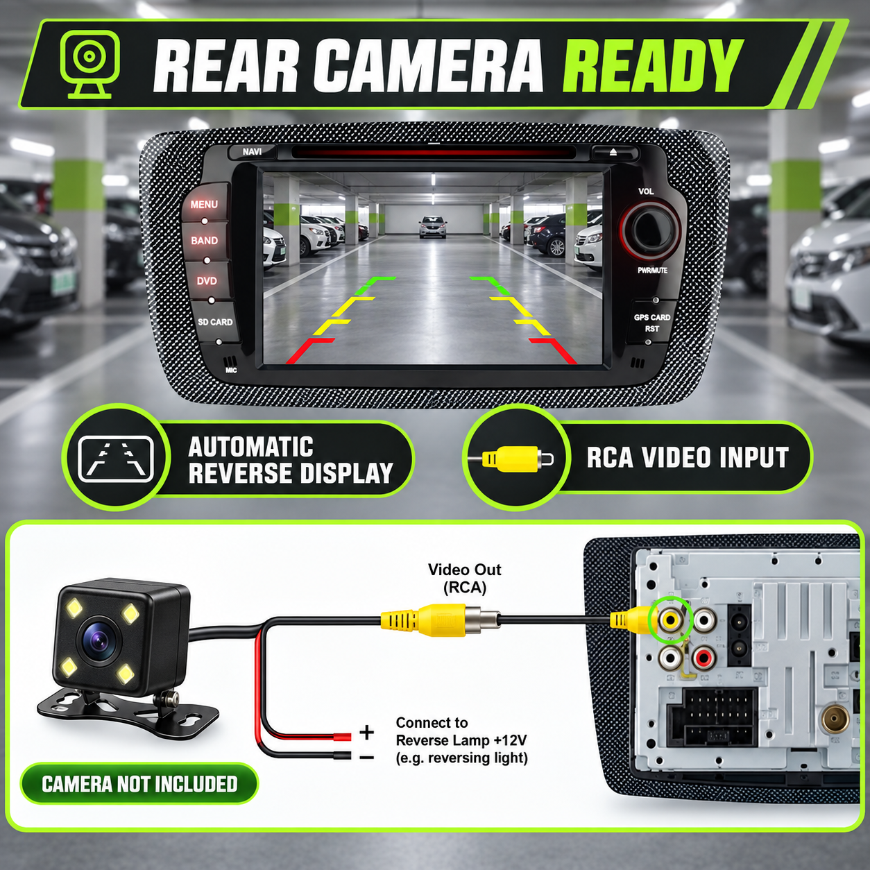El diagrama muestra la conexión de la cámara trasera con entrada de video RCA.