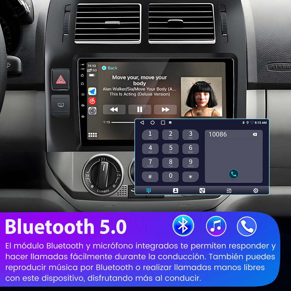 Una pantalla de coche muestra reproducción de música y teclado para Bluetooth 5.0.