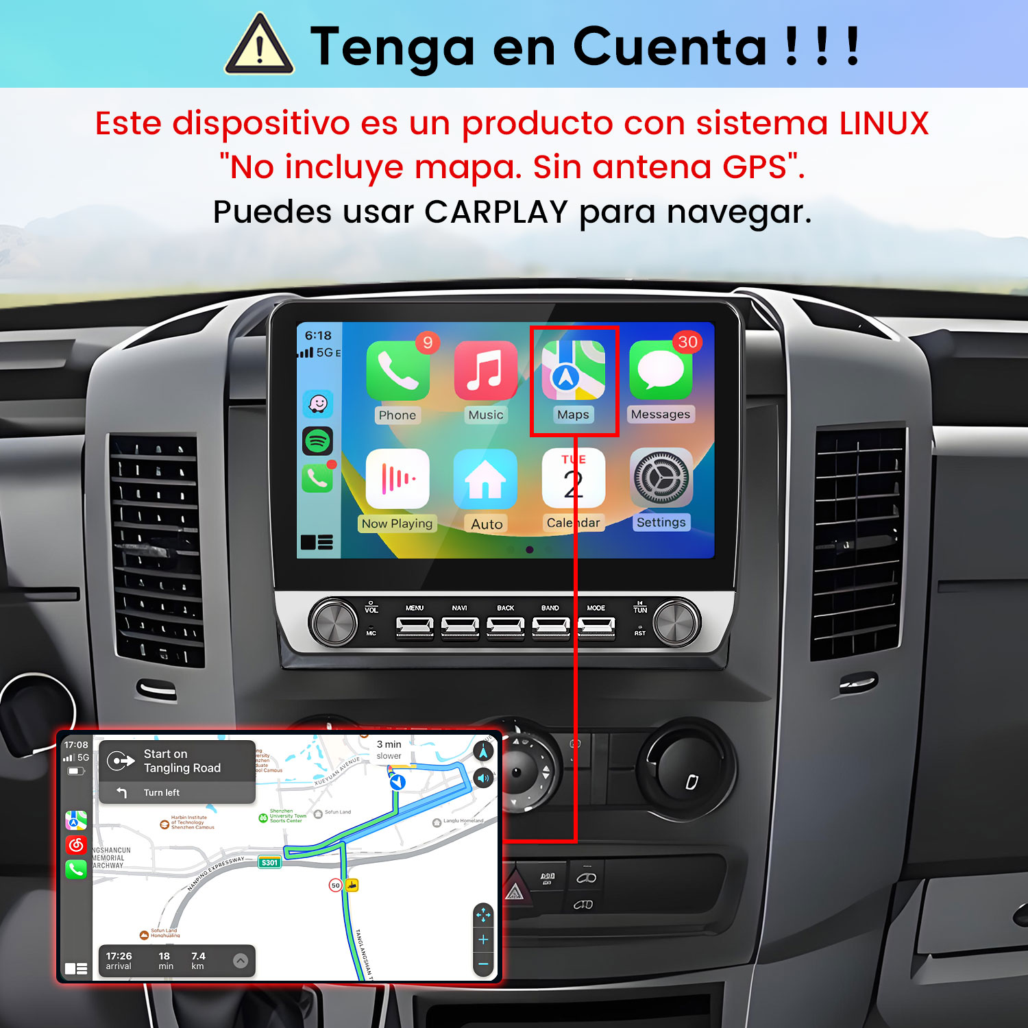 Estéreo de coche Linux con aplicaciones CarPlay y mapa de navegación y aviso.