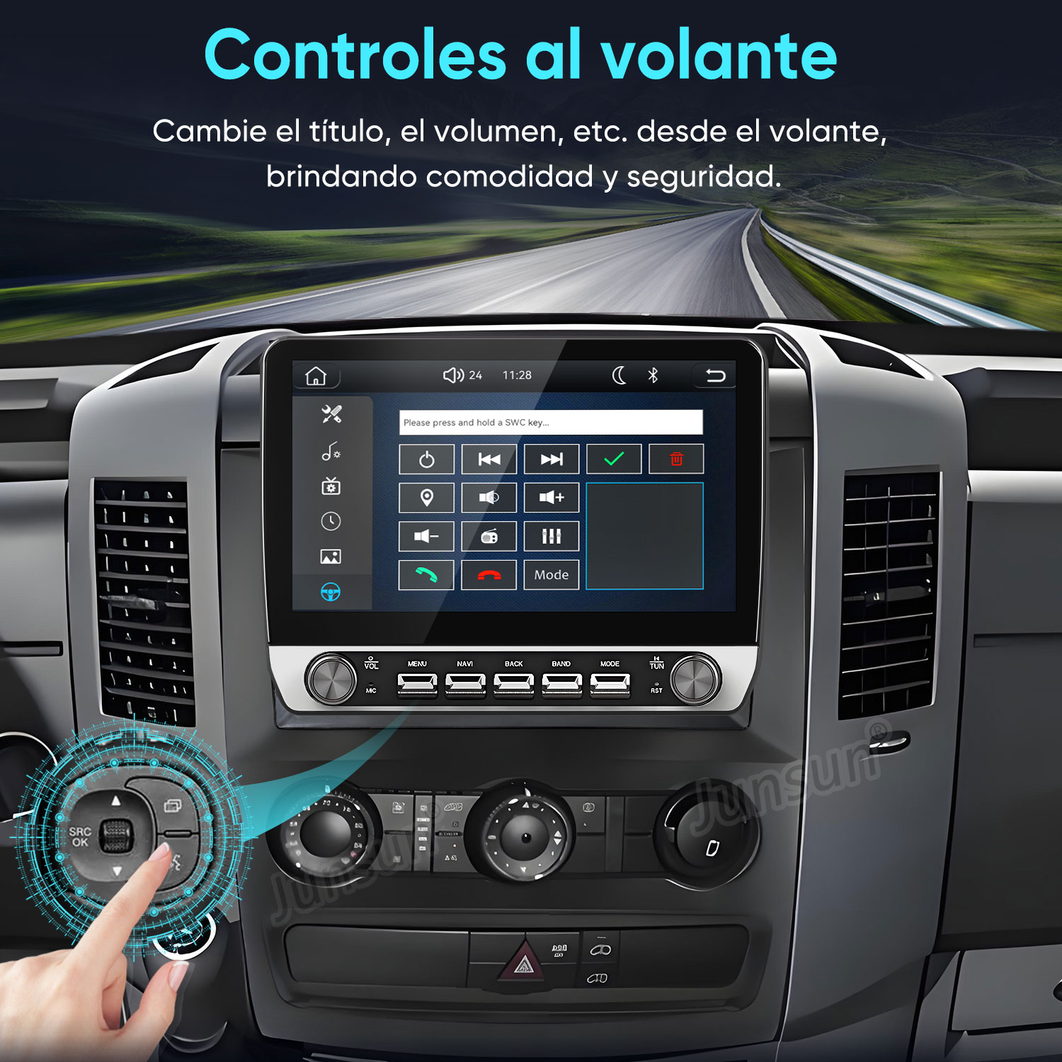 Un tablero de auto con sistema multimedia táctil, salidas de aire y gráfico de control en el volante.