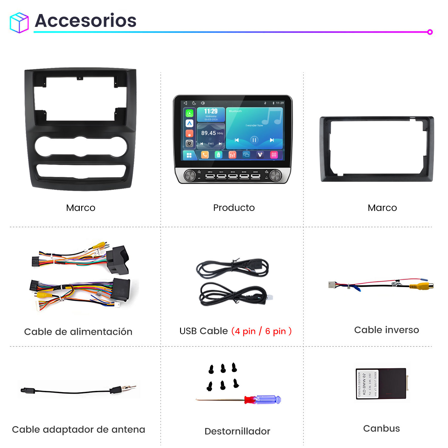 Varios accesorios para automóviles, incluidos paneles, cables, USB, destornilladores y un módulo Canbus.