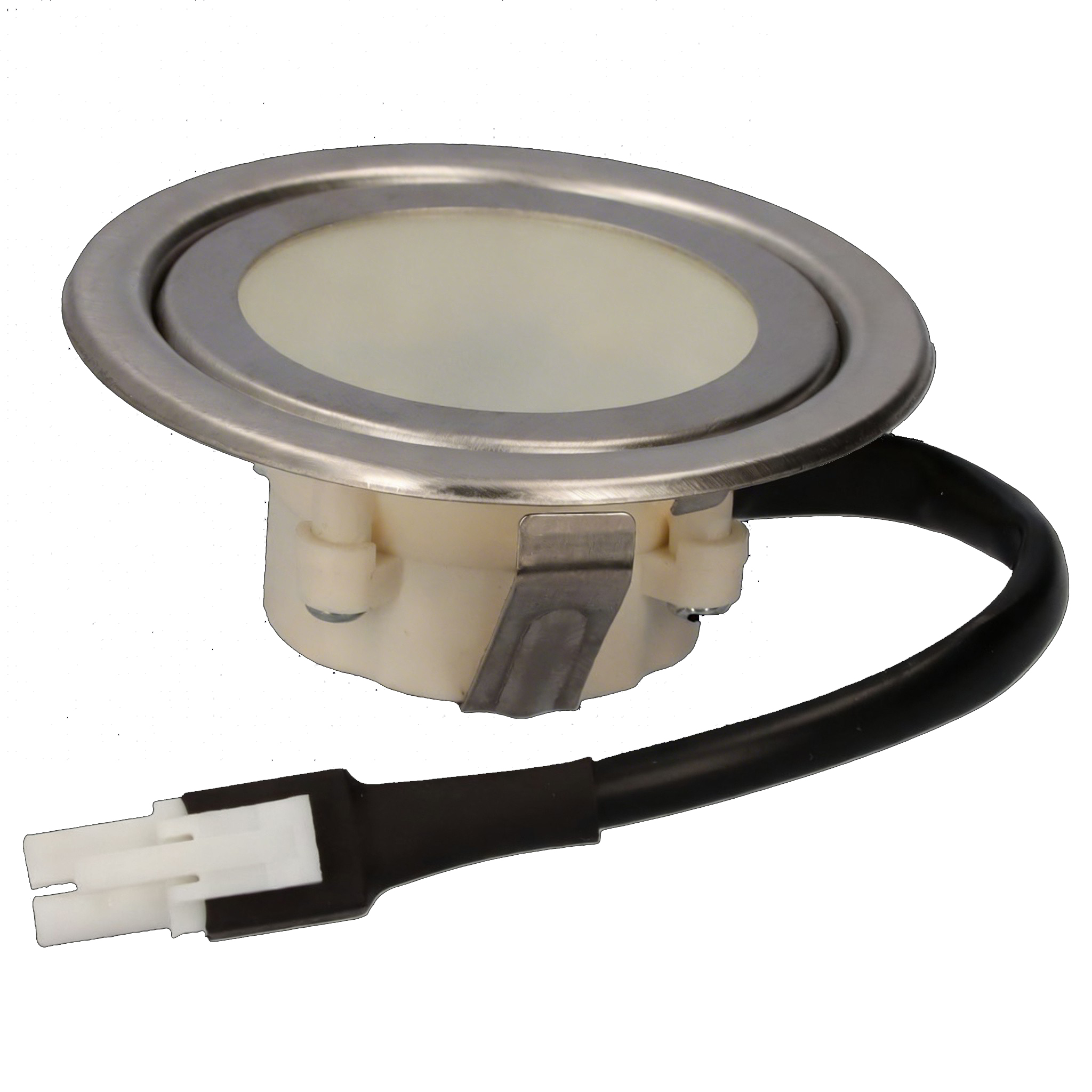 Foco empotrable redondo y plateado con cuerpo de plástico blanco y cable negro con conector.