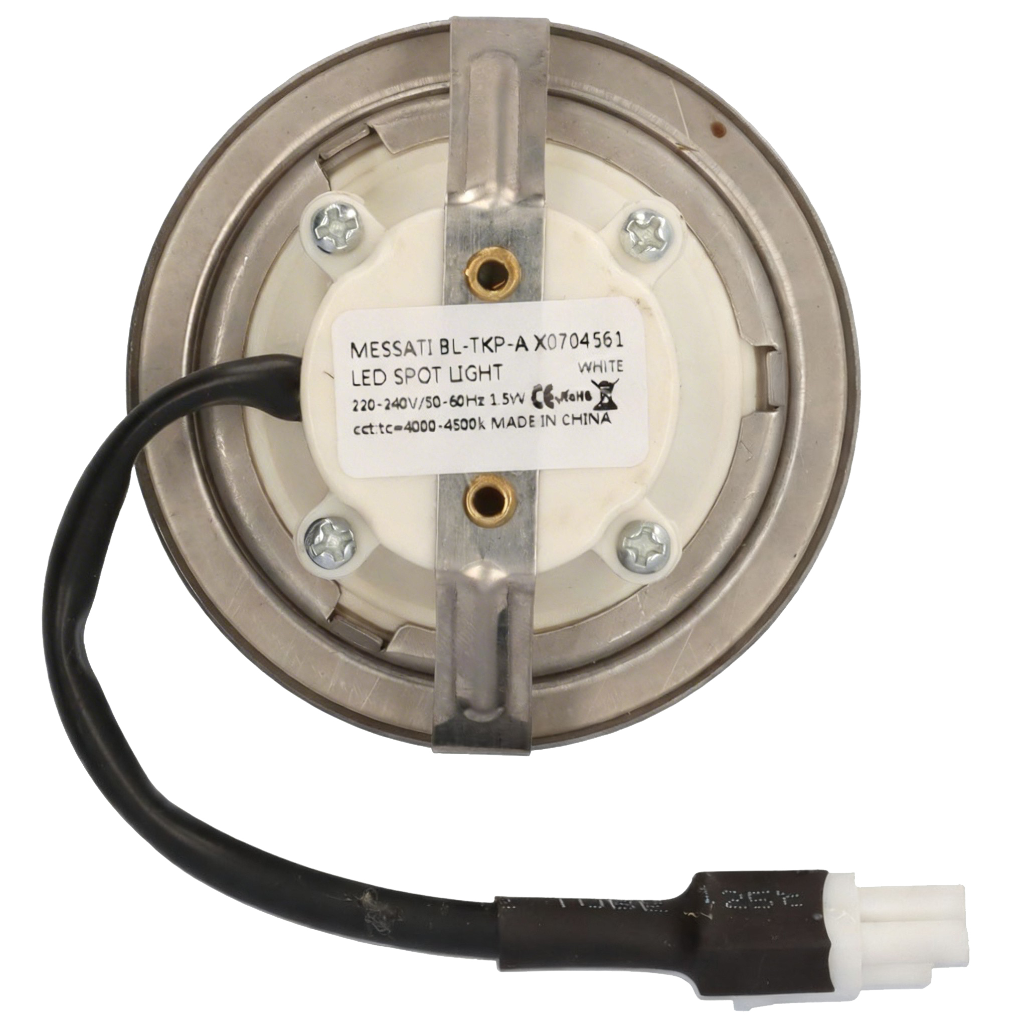 Vista trasera de un foco LED empotrable redondo blanco con marco metálico, etiqueta, cable y conector blanco.