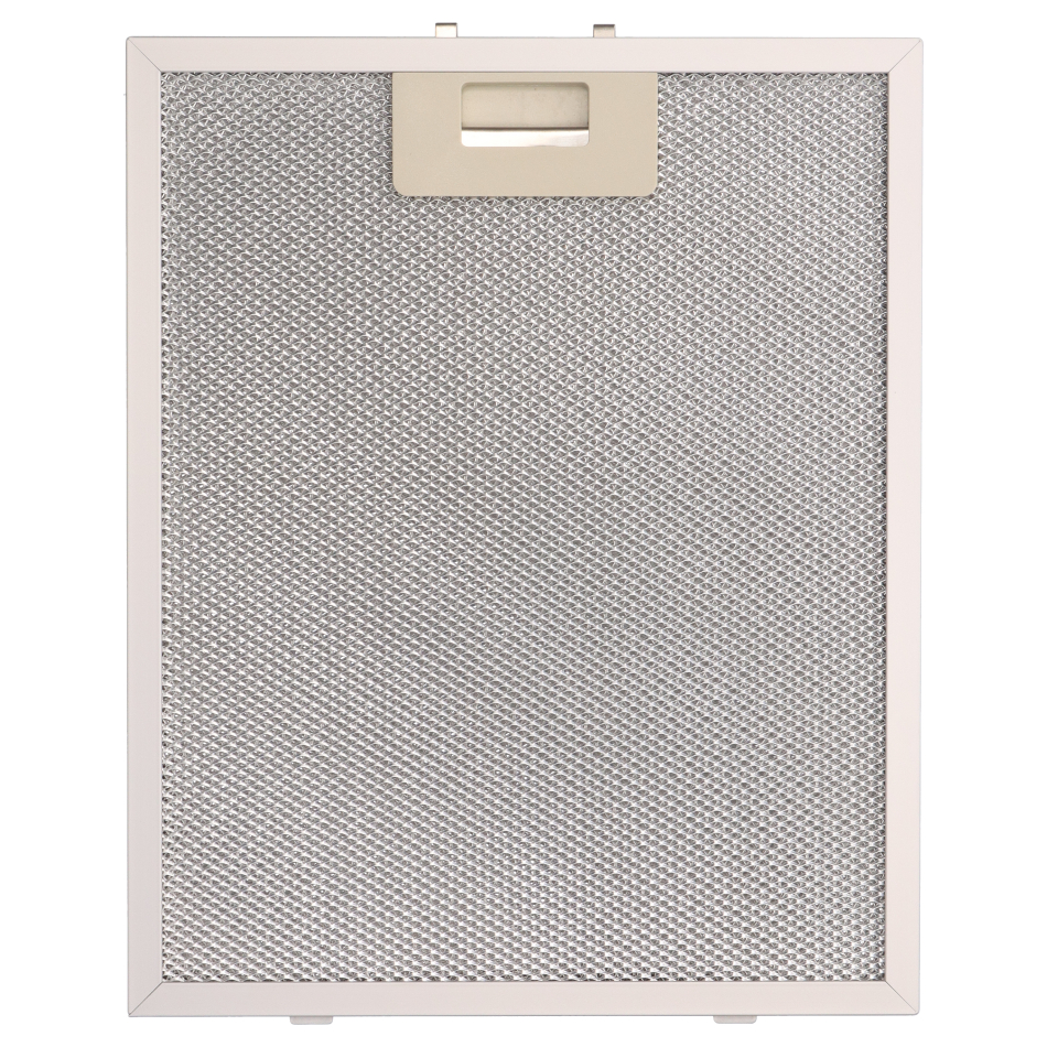 Filtro de grasa metálico rectangular y plateado para campana extractora con malla fina y tirador.