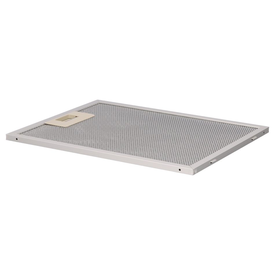 Un filtro de grasa rectangular plateado para campana extractora con un pestillo de plástico beis.