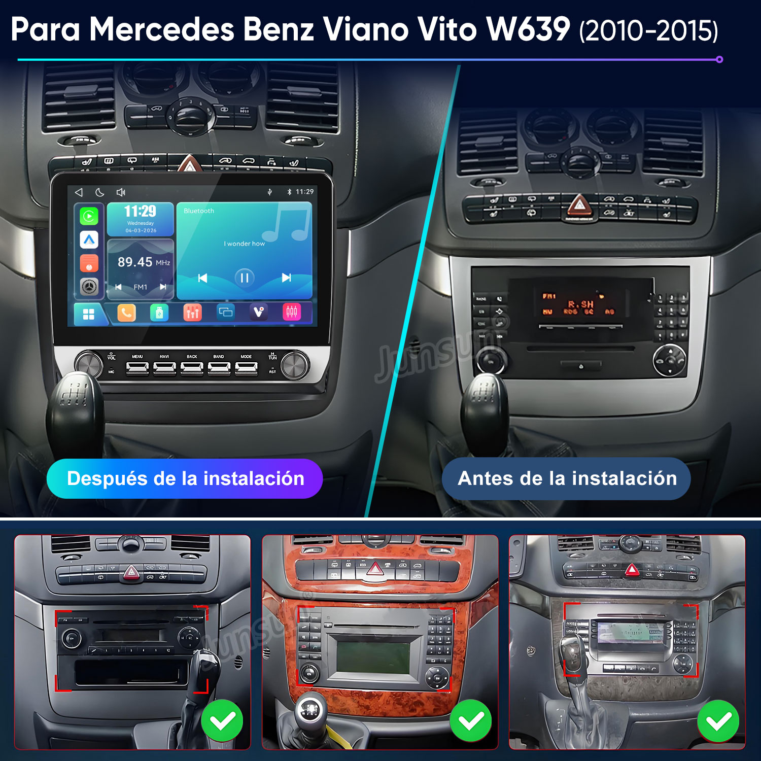 Comparación antes y después de un salpicadero de Mercedes Benz W639 con nueva pantalla táctil.