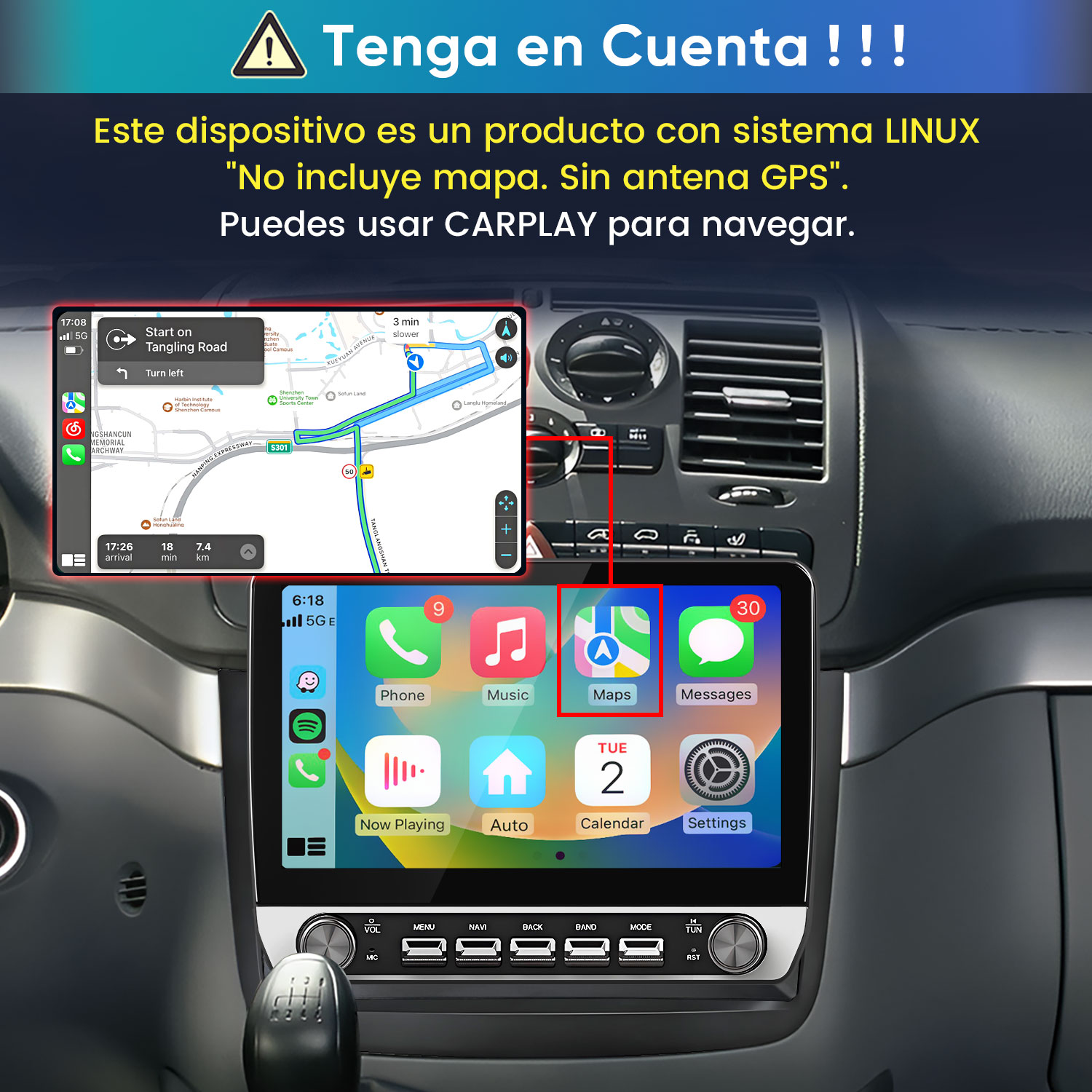 Interior de auto con pantalla multimedia Linux que muestra CarPlay y navegación.