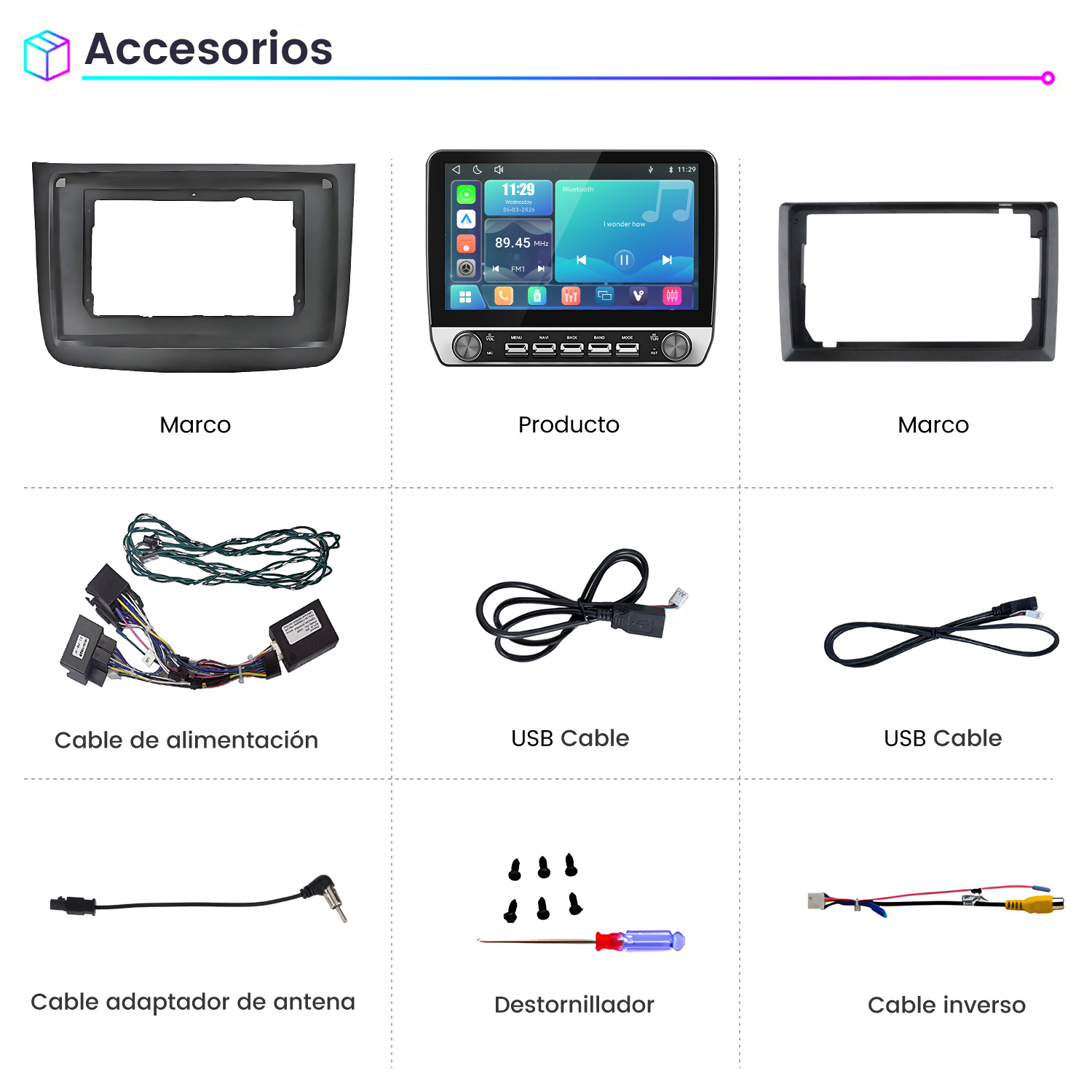 Cuadrícula con accesorios de autorradio, incluyendo marcos, cables de alimentación, cables USB, antena y tornillos.