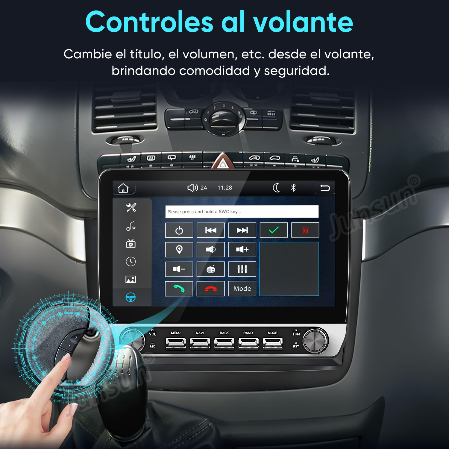 Interior de coche con pantalla táctil y controles multimedia en el volante.