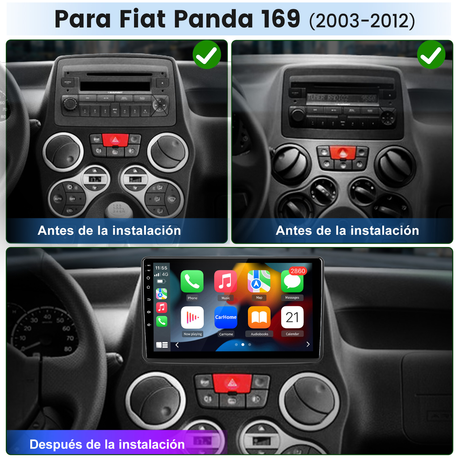 Comparación de la consola central del Fiat Panda 169 antes y después de instalar una pantalla táctil.