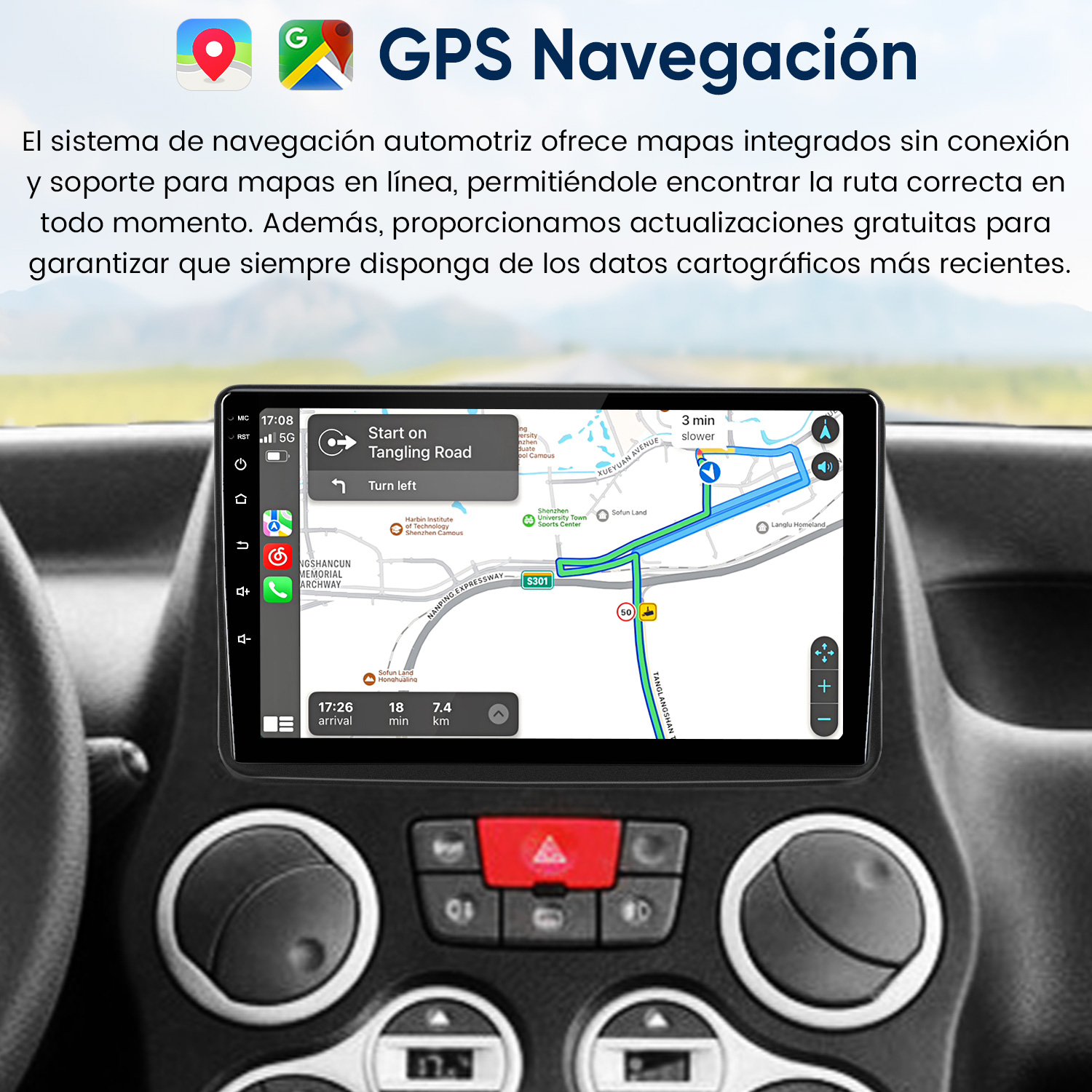 Interior de un auto con pantalla de navegación GPS mostrando una ruta.