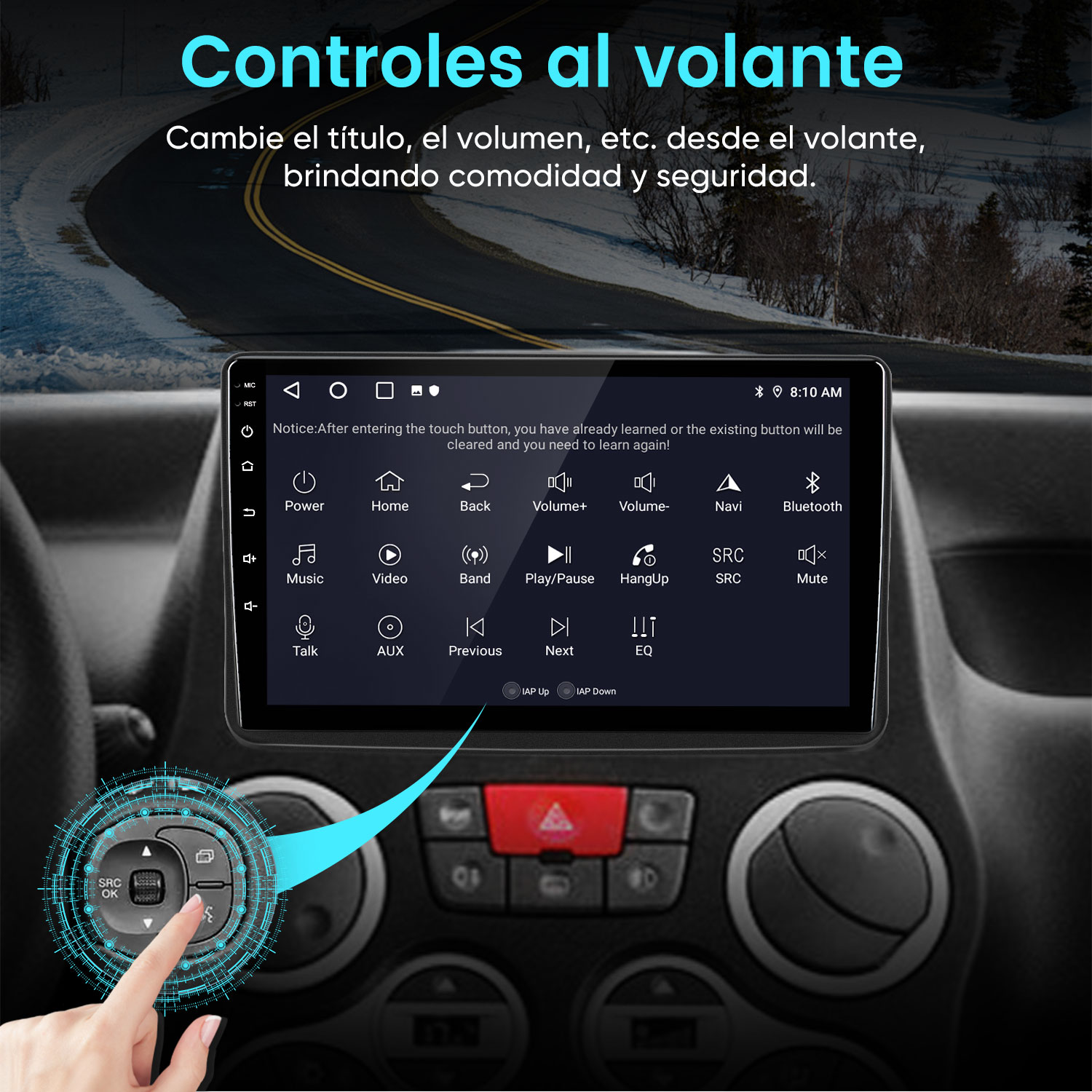 Una pantalla táctil multimedia de coche con iconos de aplicaciones y una carretera de invierno.