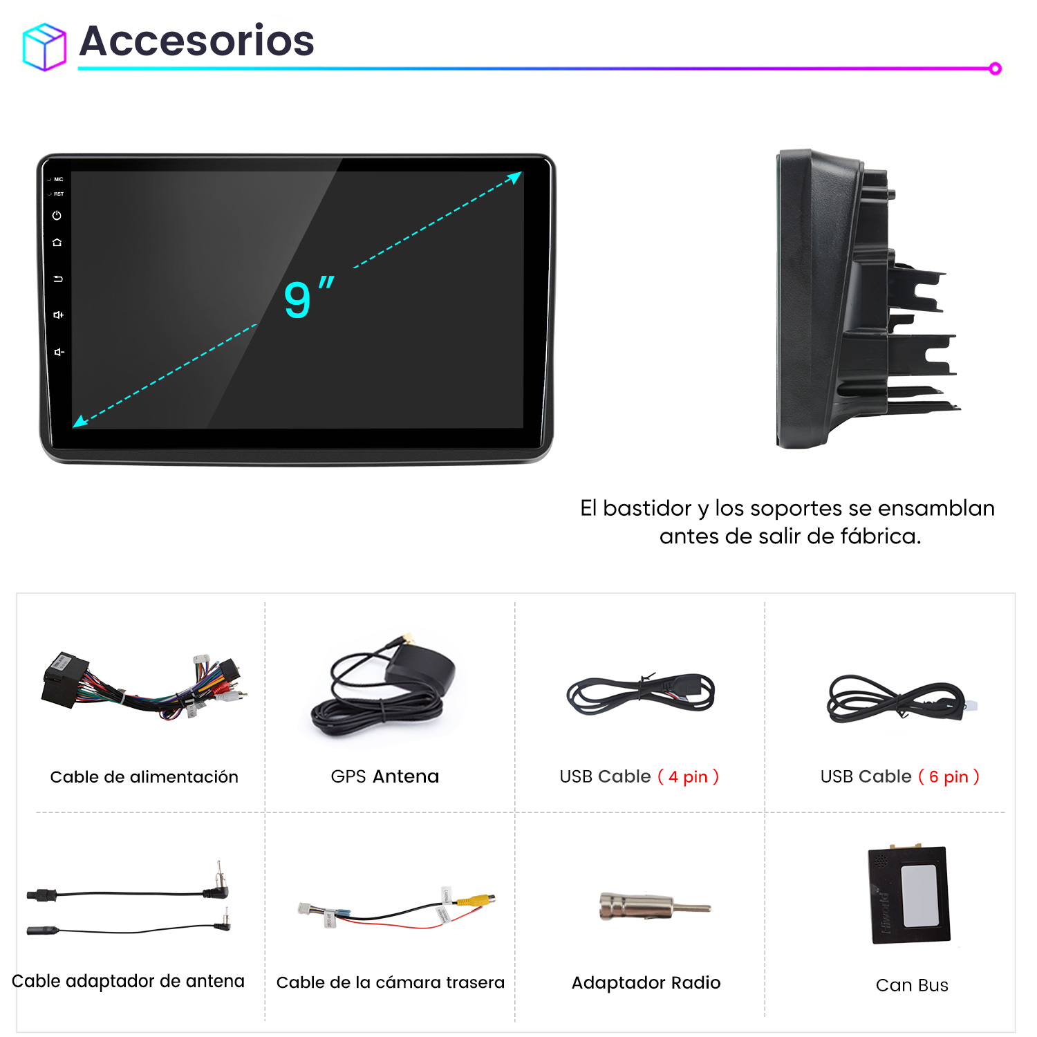 Pantalla multimedia para coche de 9 pulgadas con accesorios como cables, antenas y módulo Canbus.