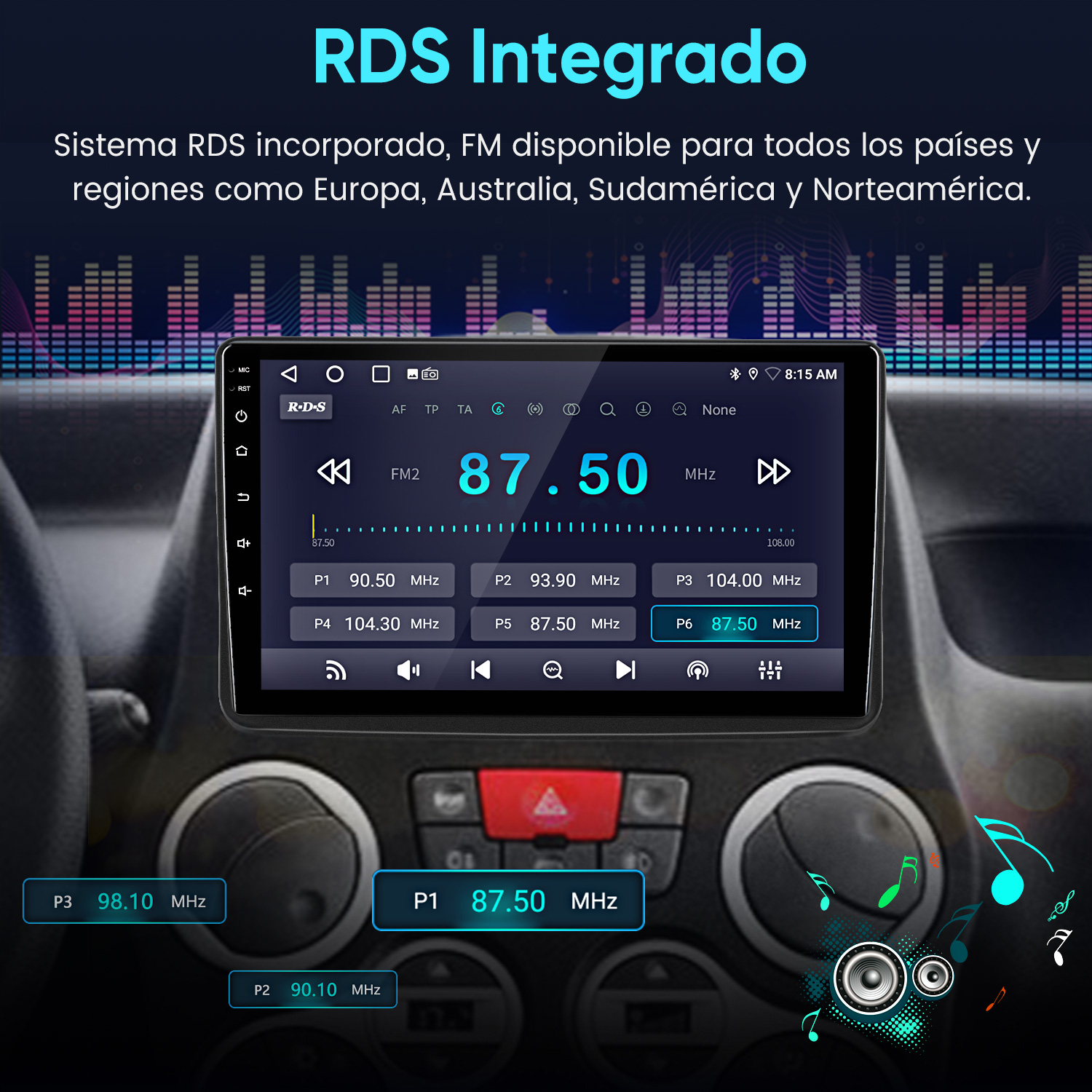 Radio de coche con pantalla táctil y función FM RDS, instalada en el salpicadero.
