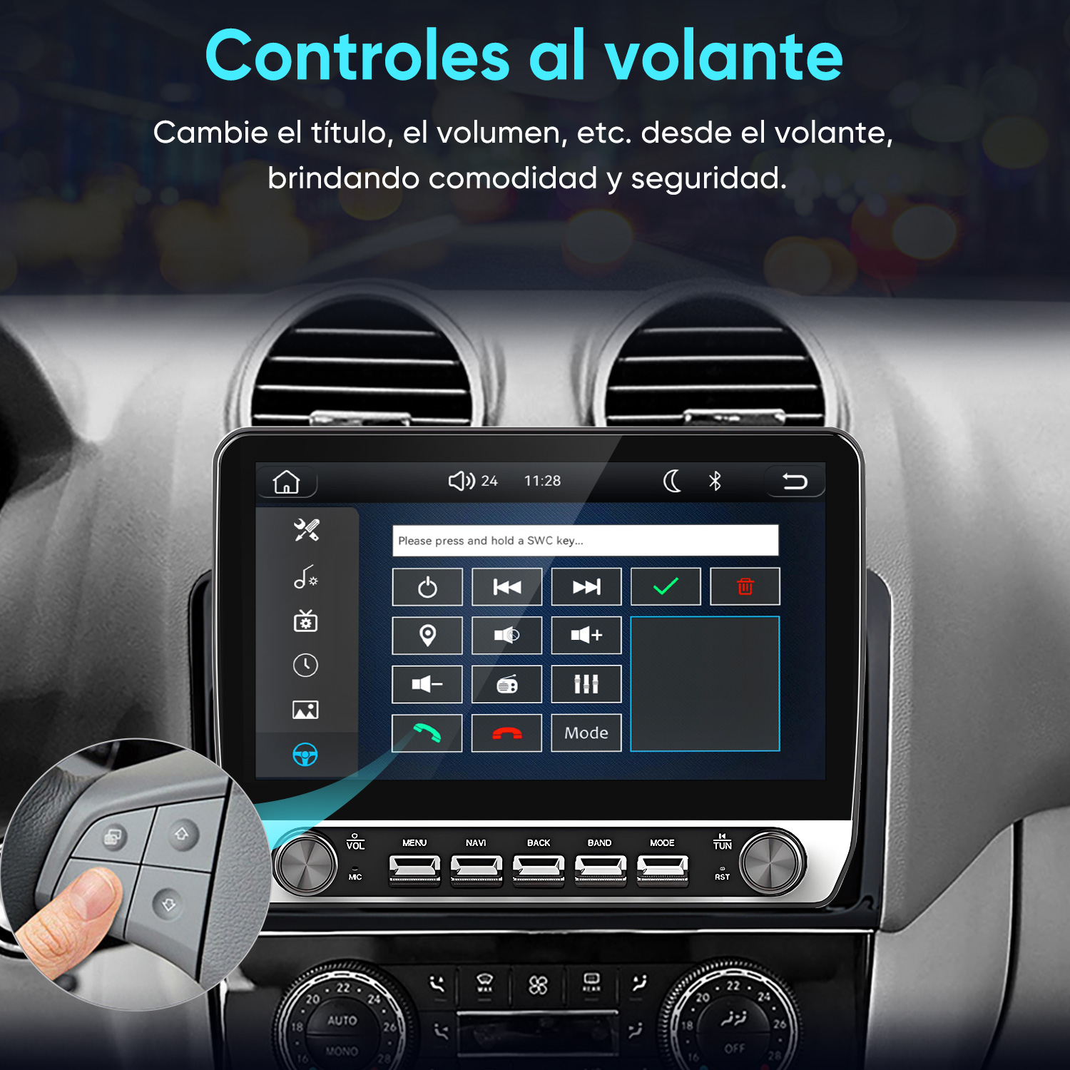 Tablero de auto con sistema de infoentretenimiento táctil y controles al volante.