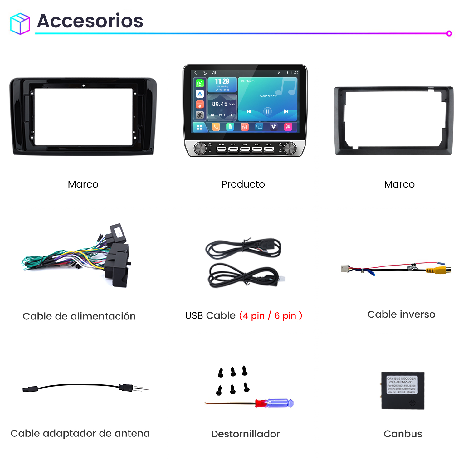 Cuadrícula de accesorios de audio para autos que incluye marcos, pantalla, cables, herramientas y canbus.