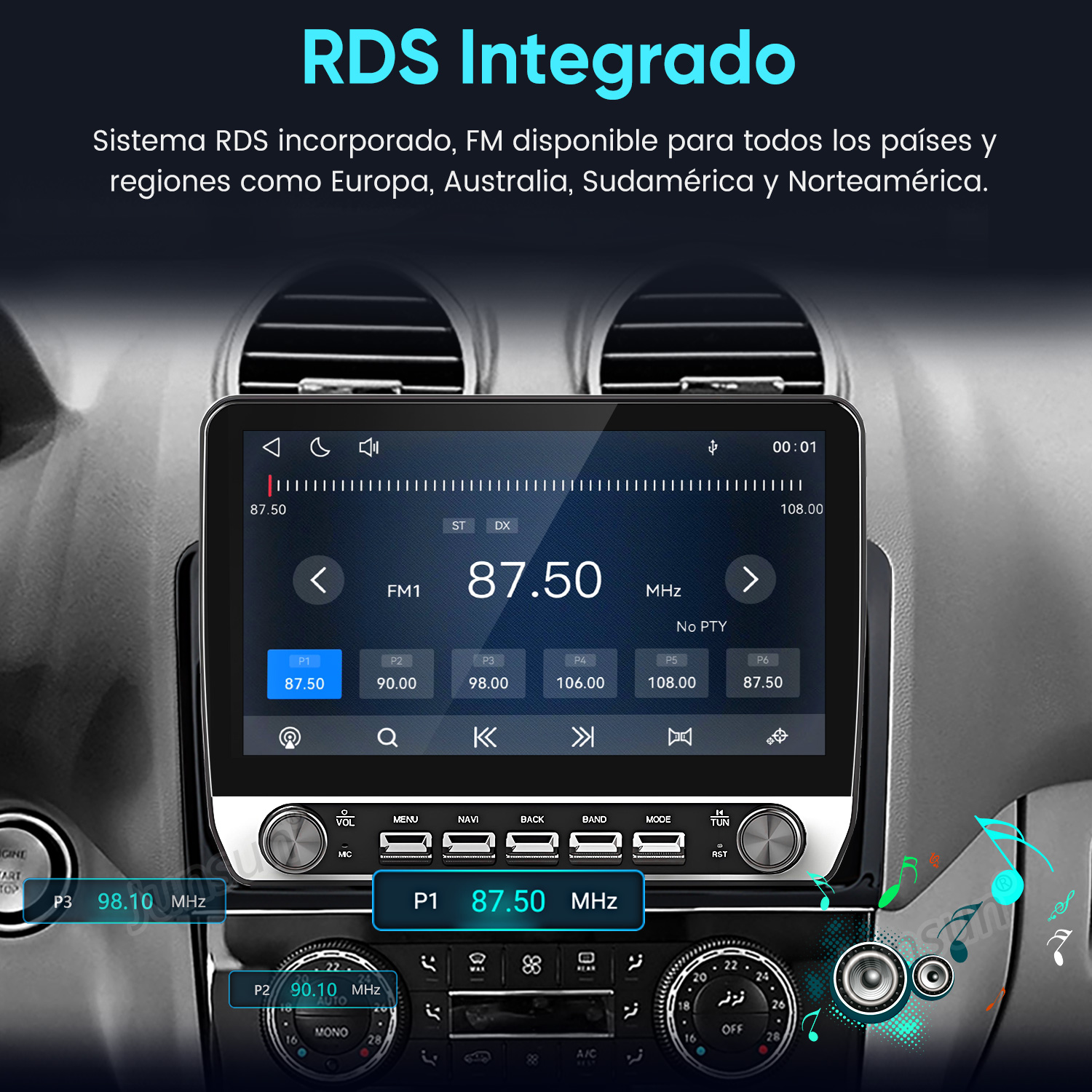 Autoradio con pantalla táctil y sintonizador FM, RDS integrado y varios puertos montados en el salpicadero.