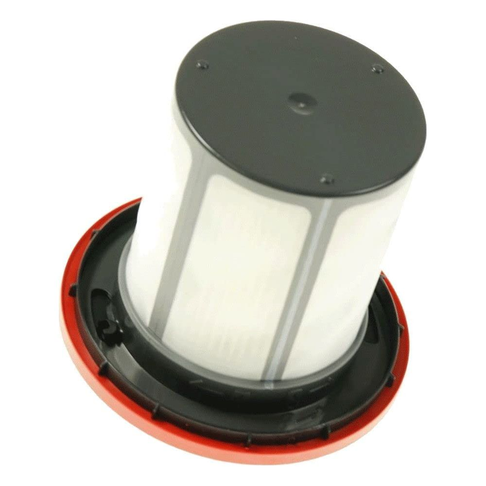 Filtre d'aspirateur cylindrique avec un dessus noir et une base rouge sur fond blanc.