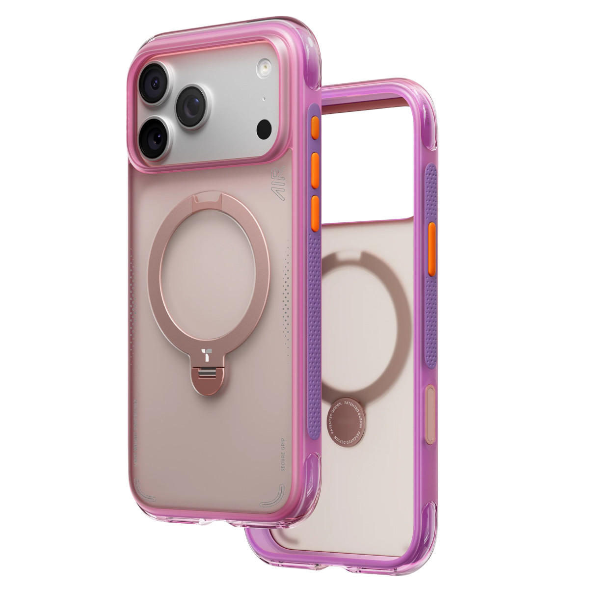 Pembe kenarlı, turuncu tuşlu ve arkasında entegre halka standı bulunan şeffaf telefon kılıfı.
