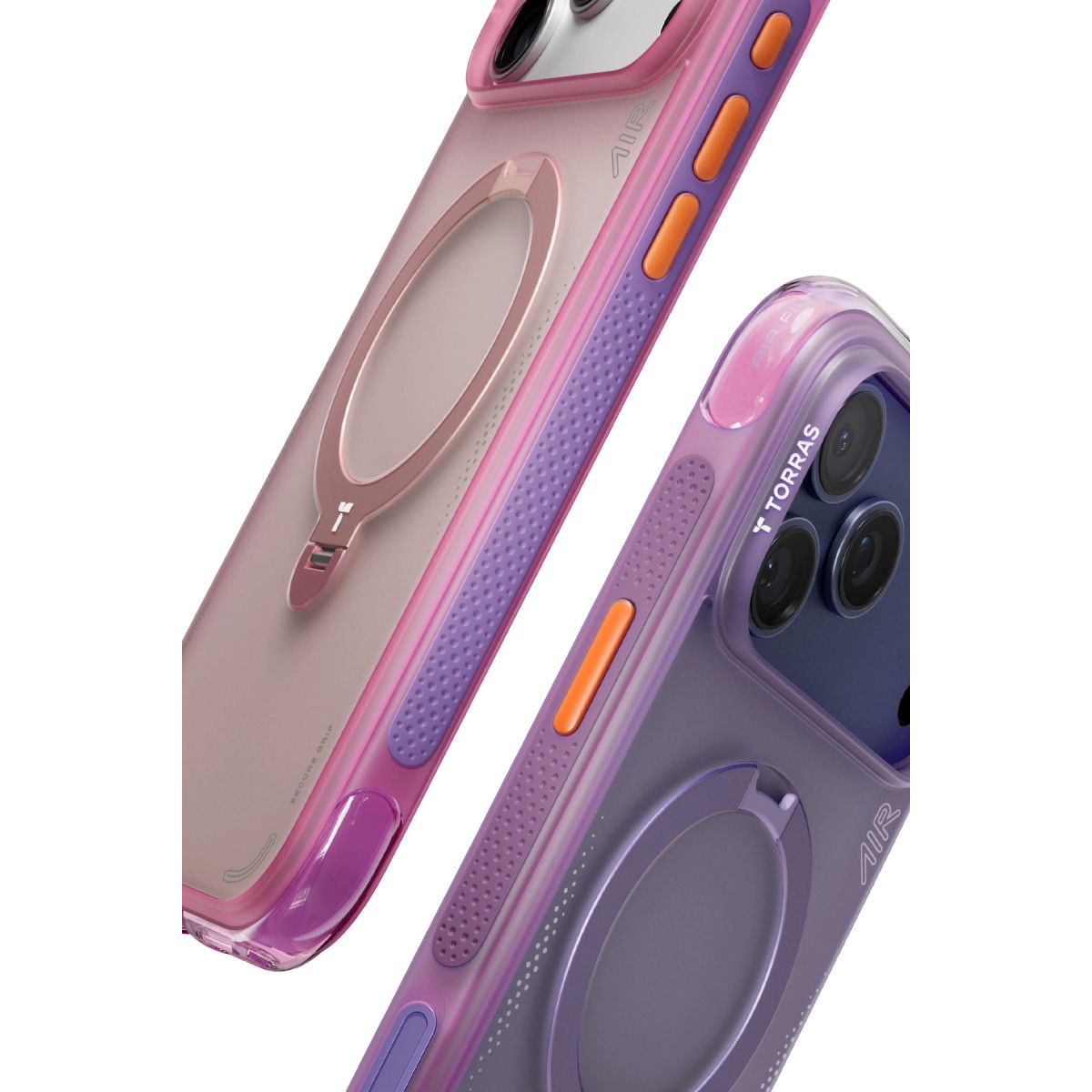 Beyaz arka planda manyetik halkalara ve turuncu tuşlara sahip iki pembe ve mor koruyucu telefon kılıfı.