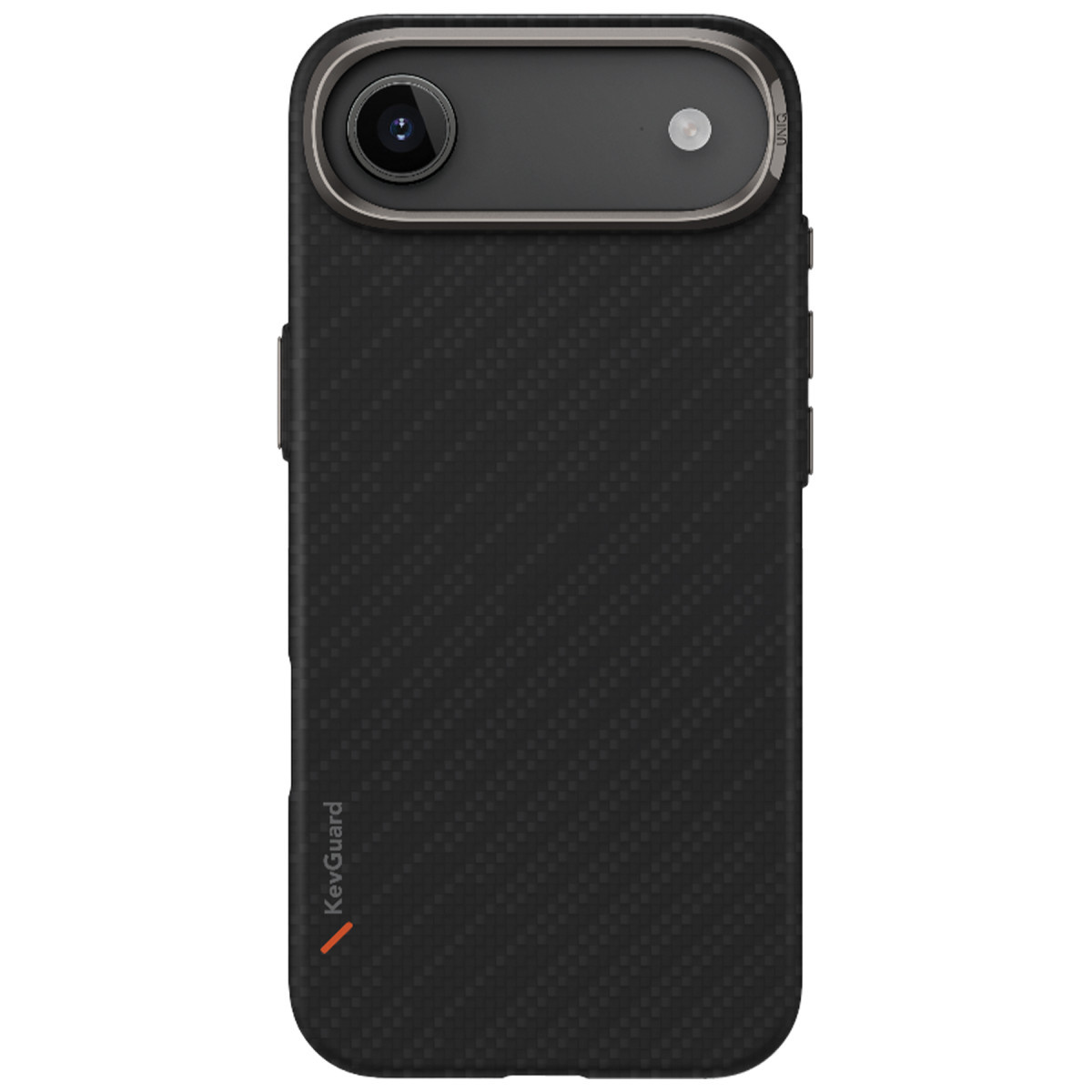 Karbon fiber desenli siyah telefon kılıfı, kamera yuvası ve kırmızı logo.