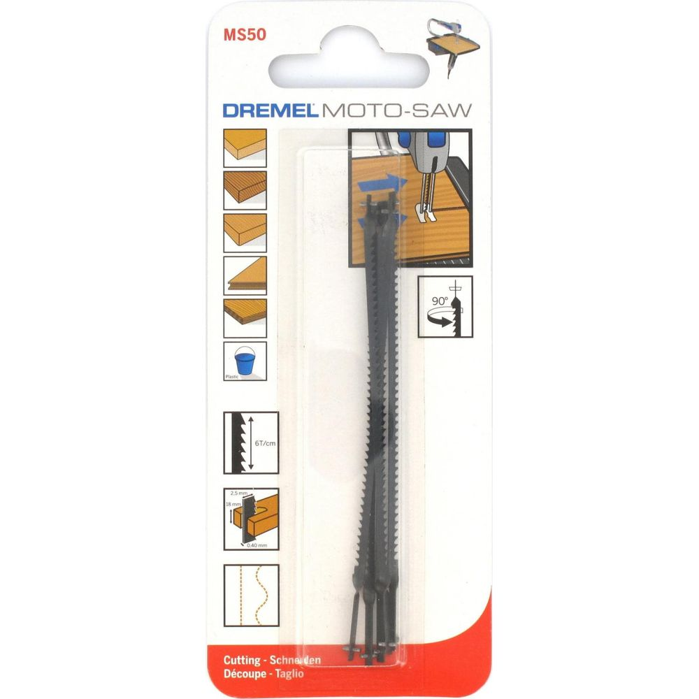 Dremel Moto-Saw Sägeblätter in der Verpackung mit Anleitungen und Abbildungen.