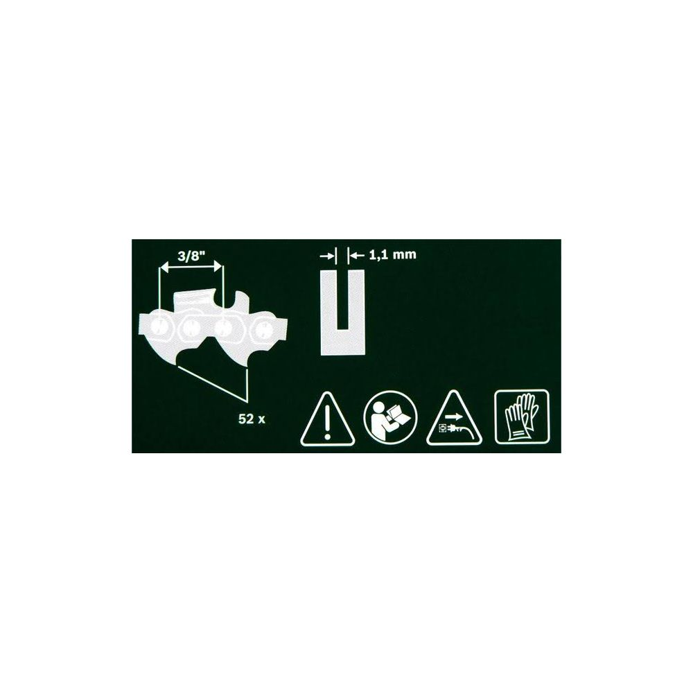 Diagramm mit technischen Daten und Sicherheitssymbolen für eine Säge.