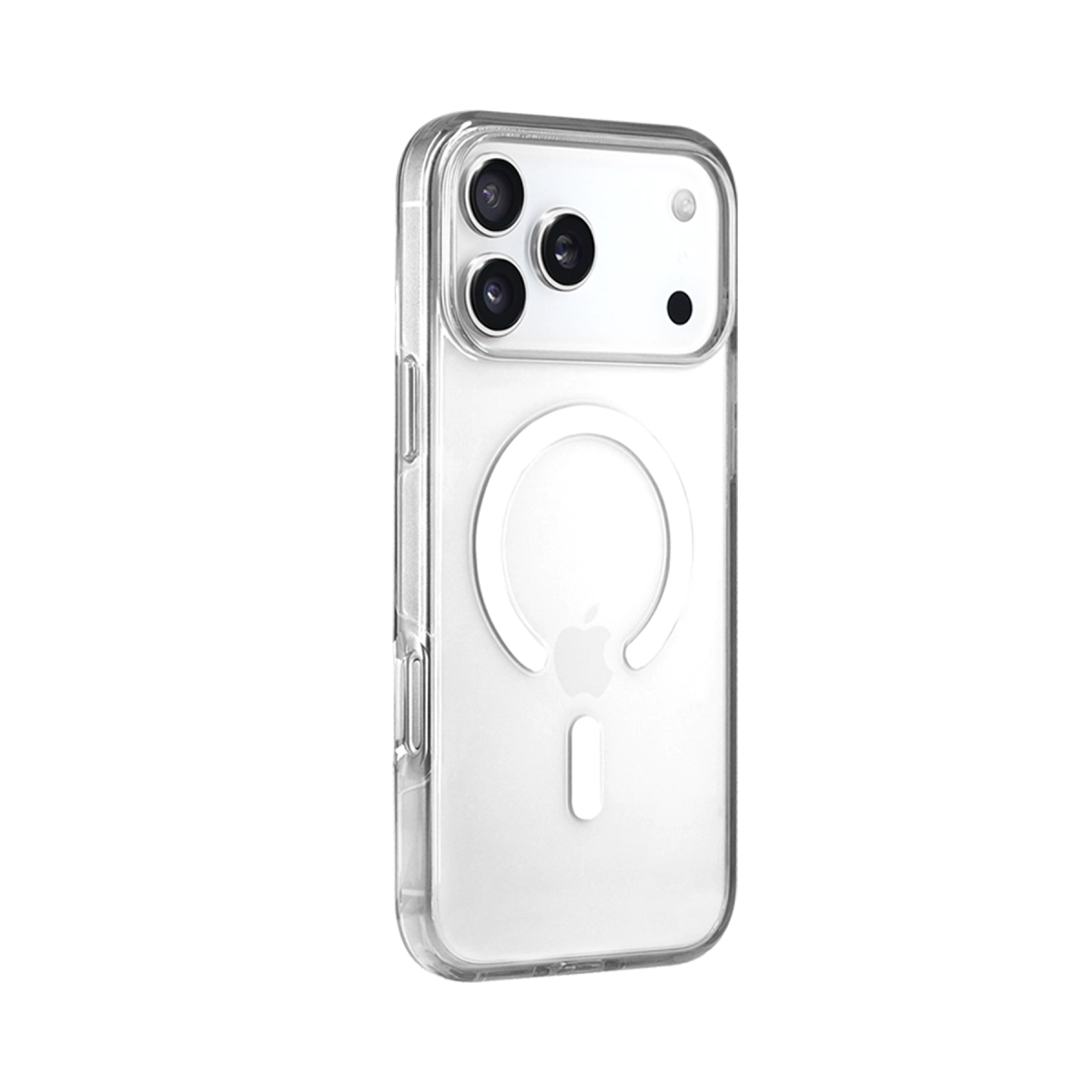 Siyah arka planda arkasında MagSafe halkası olan şeffaf bir iPhone kılıfı.