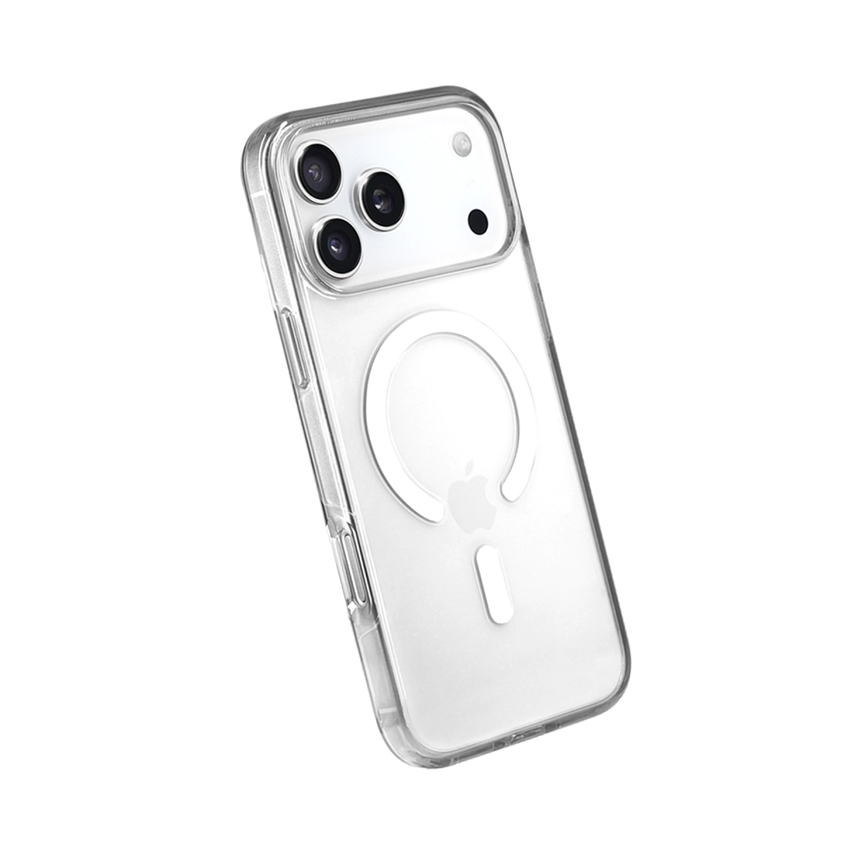 Siyah arka planda MagSafe halkalı ve üçlü kameralı şeffaf kılıftaki iPhone'un arka görünümü.