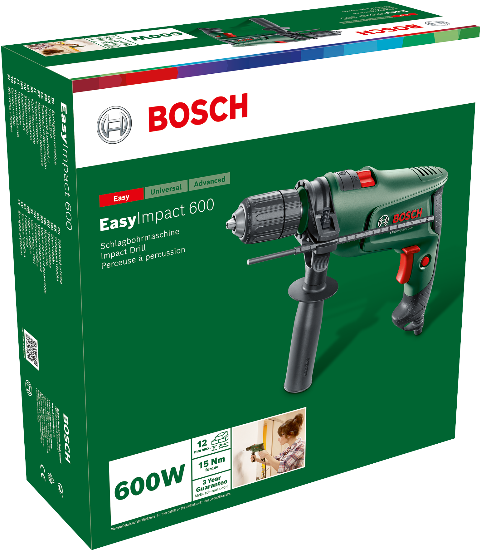 Eine grüne Bosch EasyImpact 600 Schlagbohrmaschine in ihrer Markenverpackung auf dunklem Hintergrund.