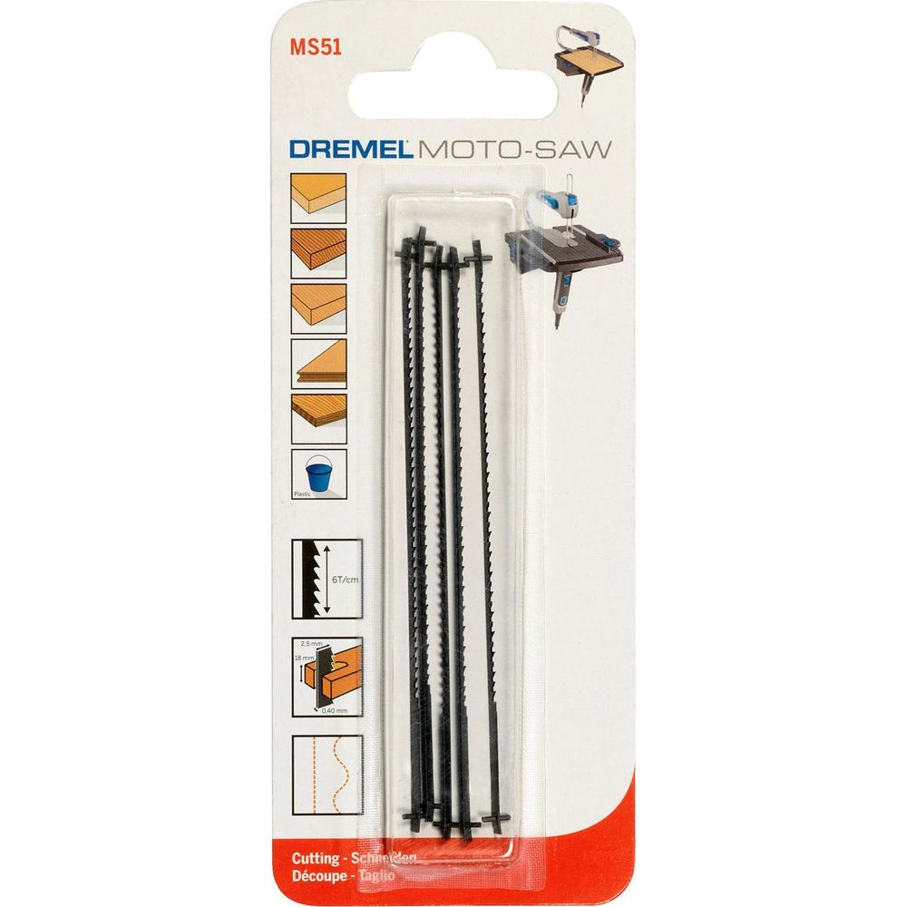 Dremel Moto-Saw Sägeblätter in Originalverpackung mit Abbildungen.
