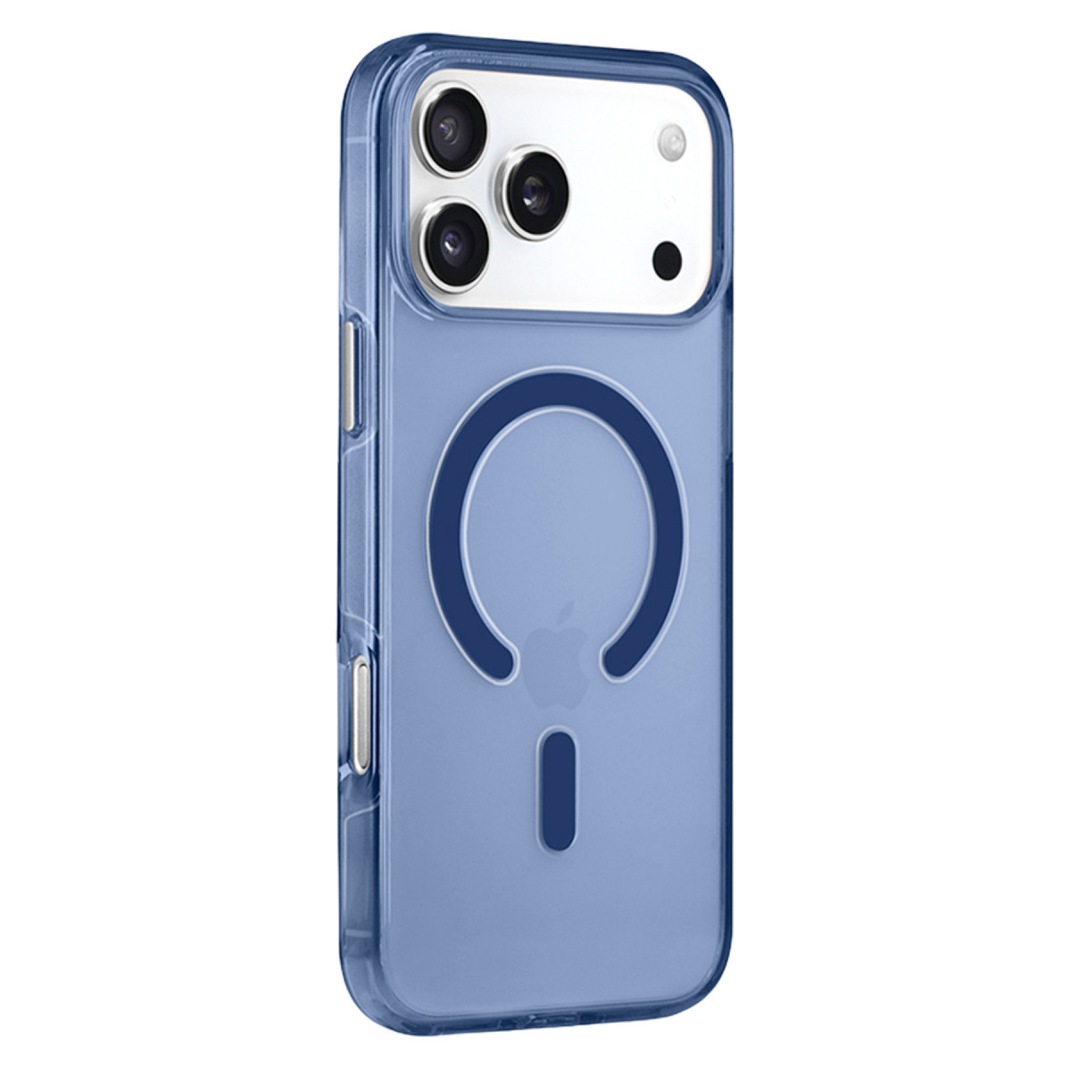 Beyaz arka planda MagSafe halkalı ve kamera kesikli mavi akıllı telefon kılıfı.