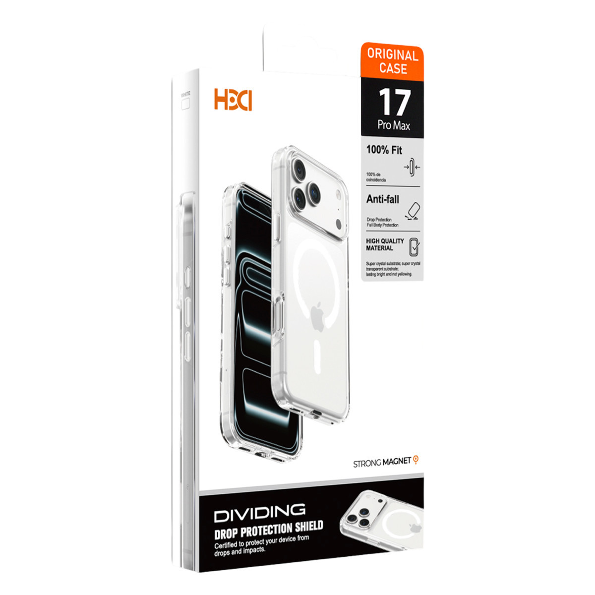 iPhone 17 Pro Max için şeffaf MagSafe telefon kılıfı ambalajı.