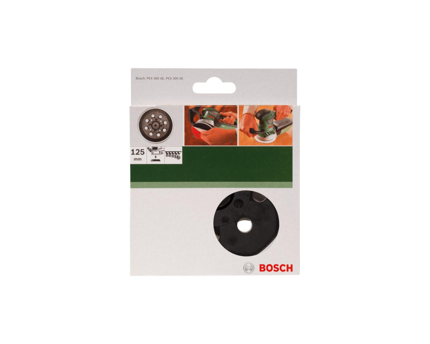 Bosch-Zubehoerverpackung zeigt ein schwarzes Schleifpad und Anwendungsbilder auf weissem Hintergrund.