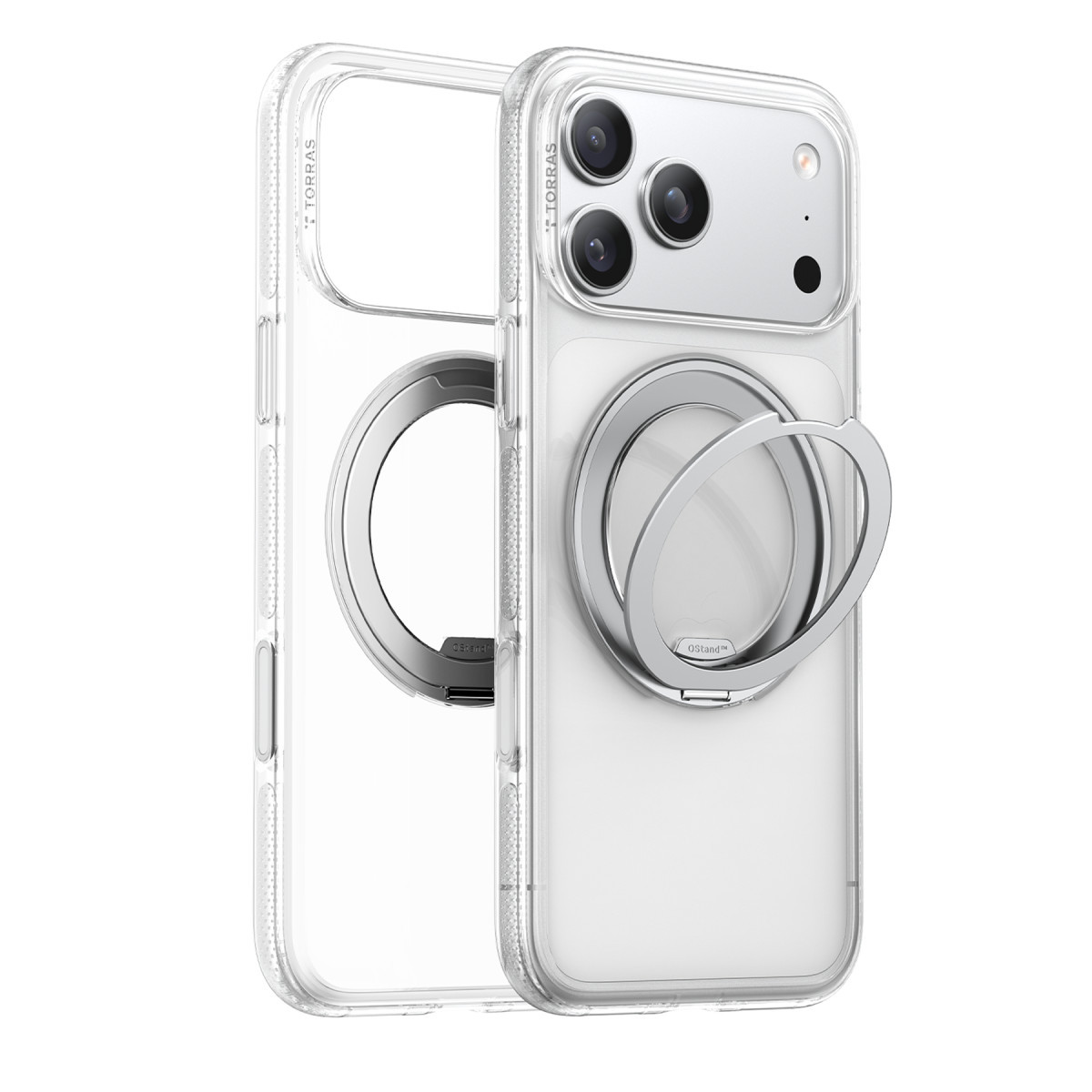 Arkasında yerleşik gümüş halka standı bulunan şeffaf bir iPhone kılıfı.