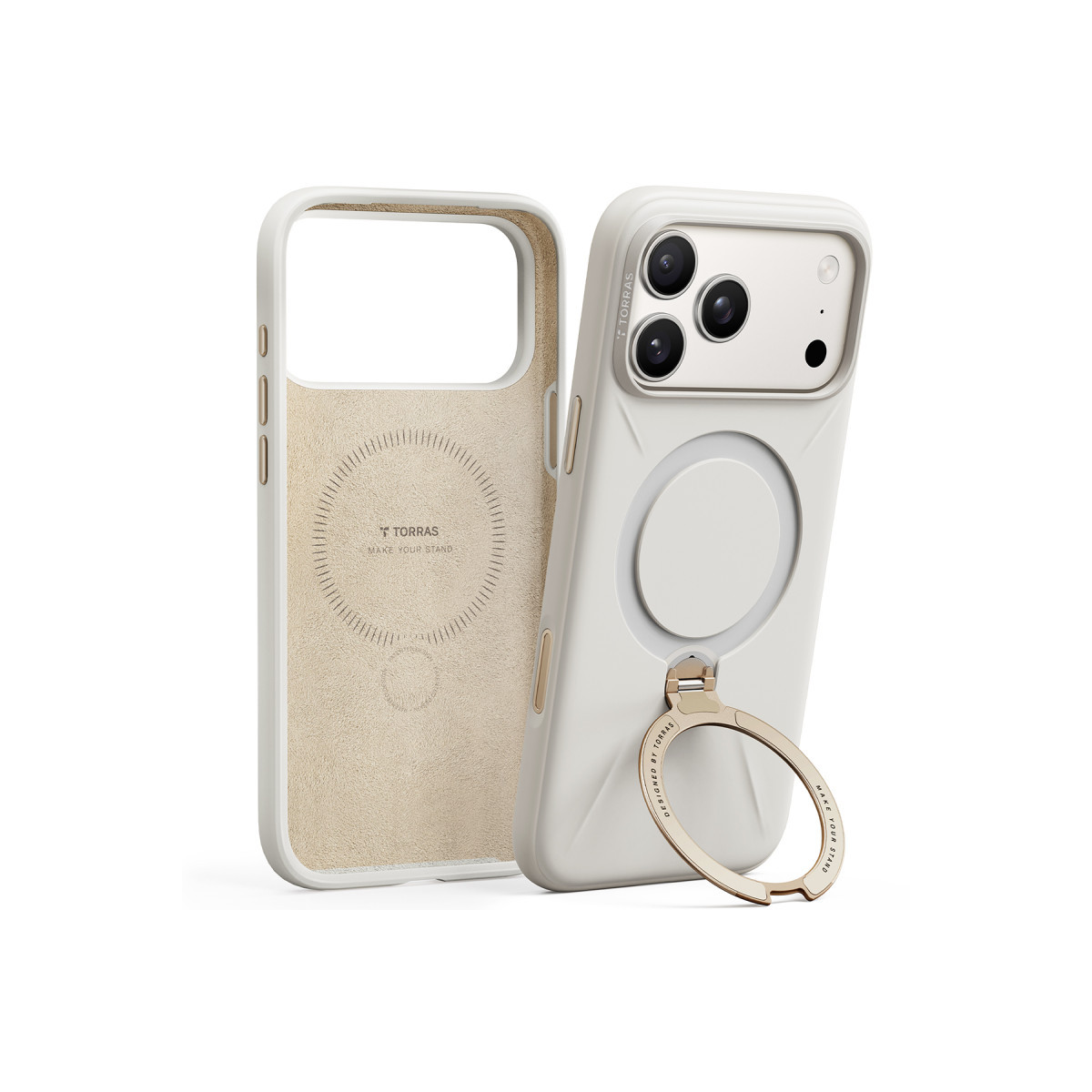 Beyaz arka planda entegre halka standı ve MagSafe çemberine sahip bej telefon kılıfı.