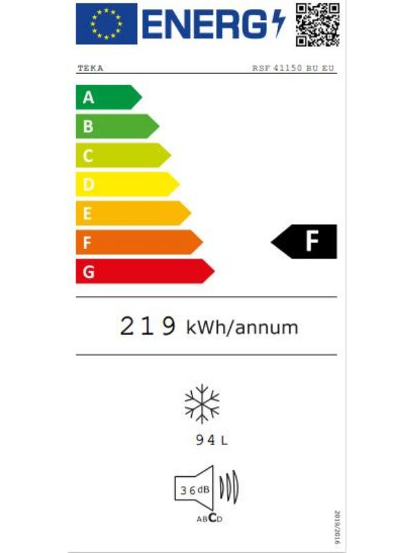 Teka cihazı için AB enerji verimliliği etiketi, sınıf F, 219 kWh/yıl, 94L ve 36dB.