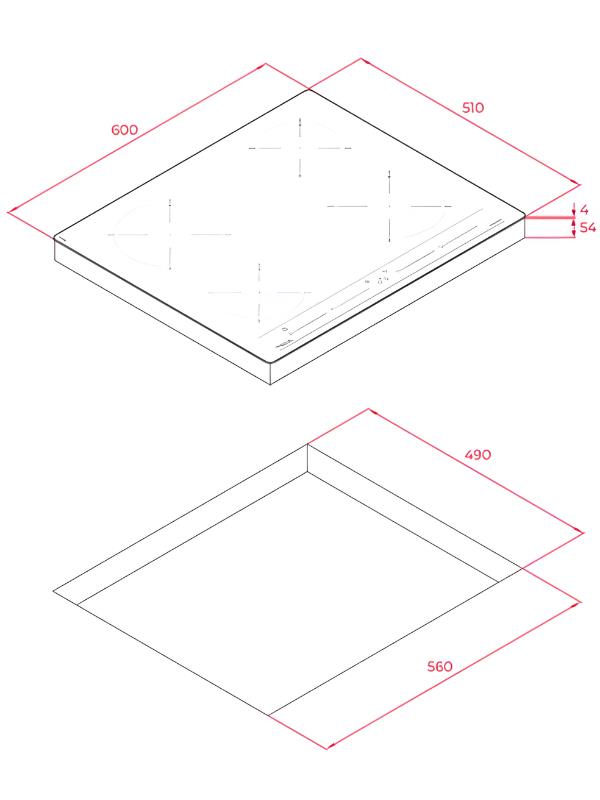 Dibujo técnico de una encimera con dimensiones en mm: 600 de ancho, 510 de profundidad, hueco 560x490.