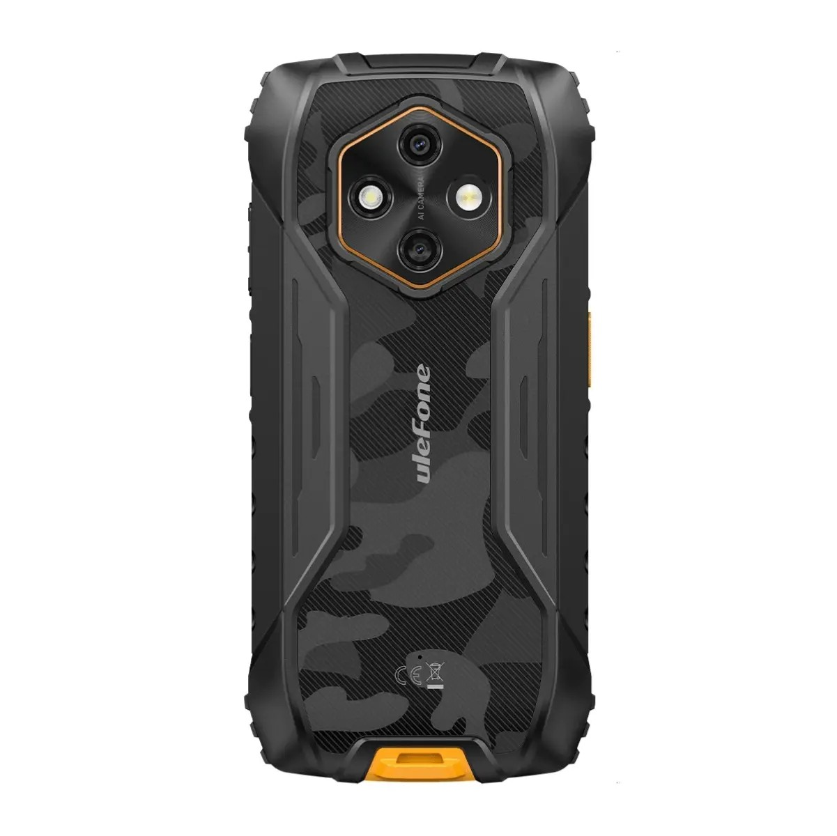 Tył wytrzymałego, czarnego smartfona Ulefone z motywem moro i potrójnym aparatem.