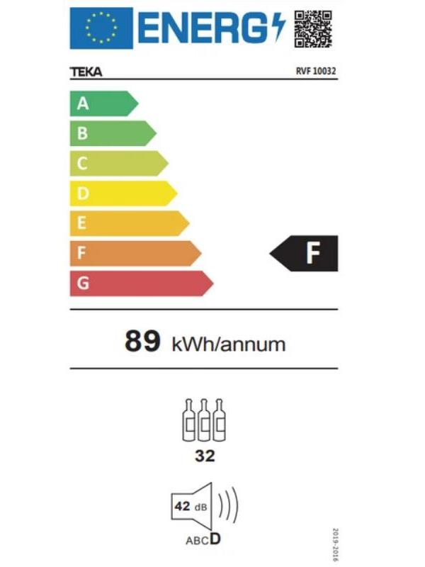 Teka enerji verimliliği etiketi F, yılda 89 kWh, 32 şişe kapasitesi ve 42 dB ses seviyesi.