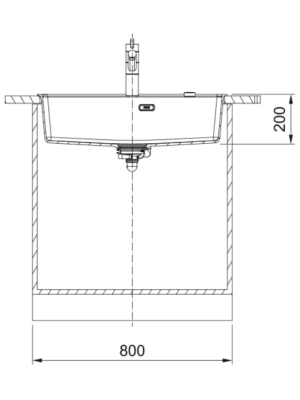 Dolaplı, 800 ve 200 mm ölçülerine sahip ve bataryalı eviye teknik çizimi.